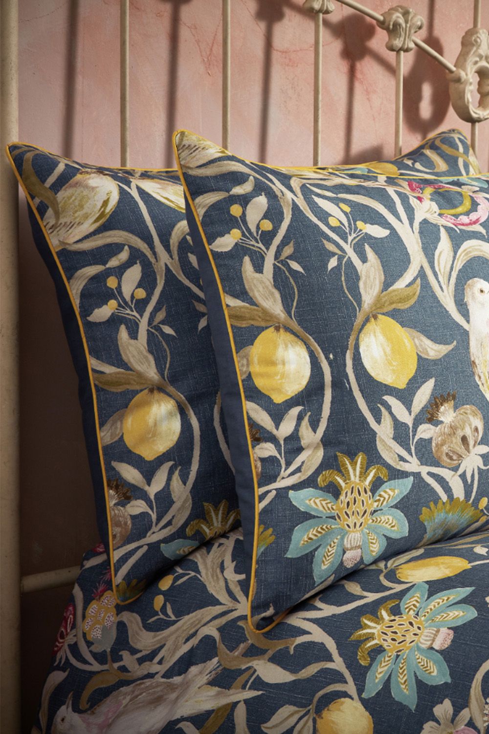 Edinburgh Weavers Songbird Floral Birds Luxury Cotton Piped Pair of Pillowcases in Navy