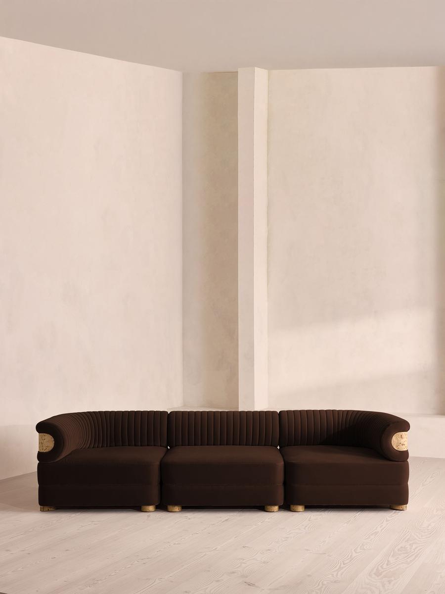 Caleb Modular Four Seater Sofa, Velvet, Chocolate, Blonde Burl