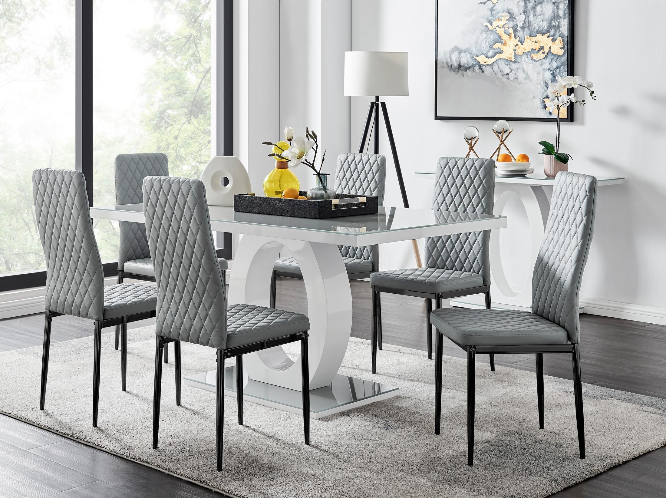 FurnitureboxUK Giovani 6-Seater Grey Glass Dining Table & 6 Milan Faux Leather Dining Chairs