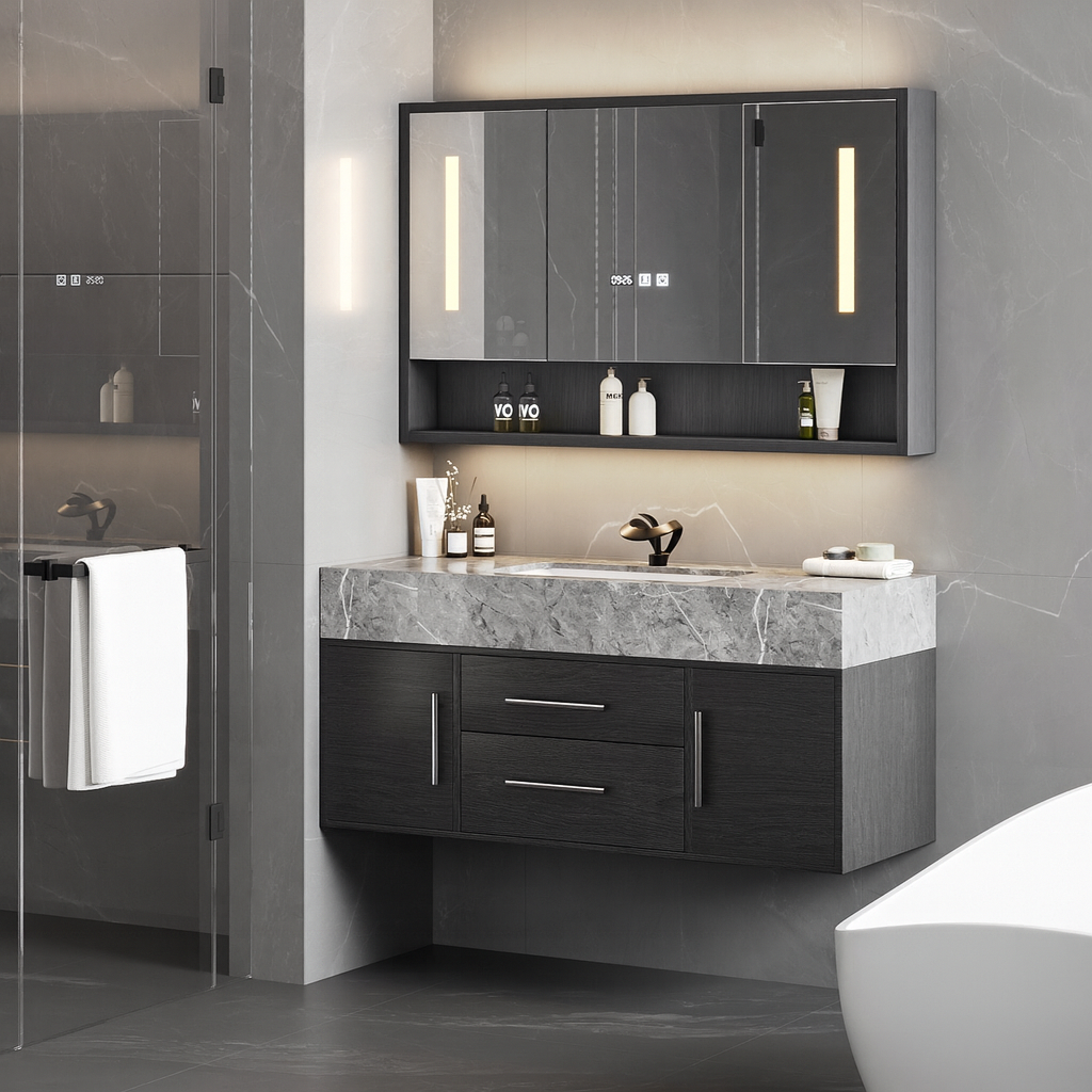 100cm Black Floating Bathroom Vanity Set with LED Mirror Cabinet