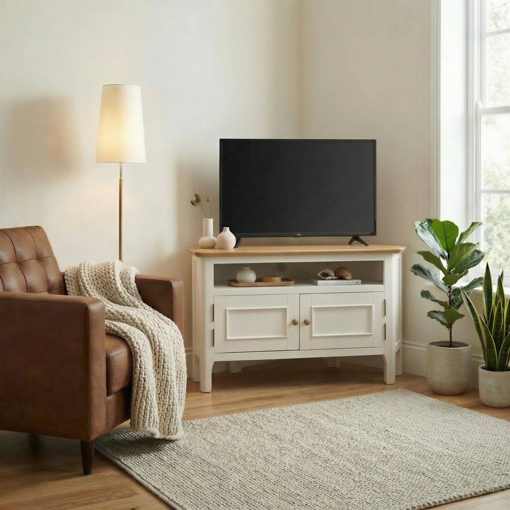 FurnitureboxUK Belle Oak Wood & Cream Corner TV Stand