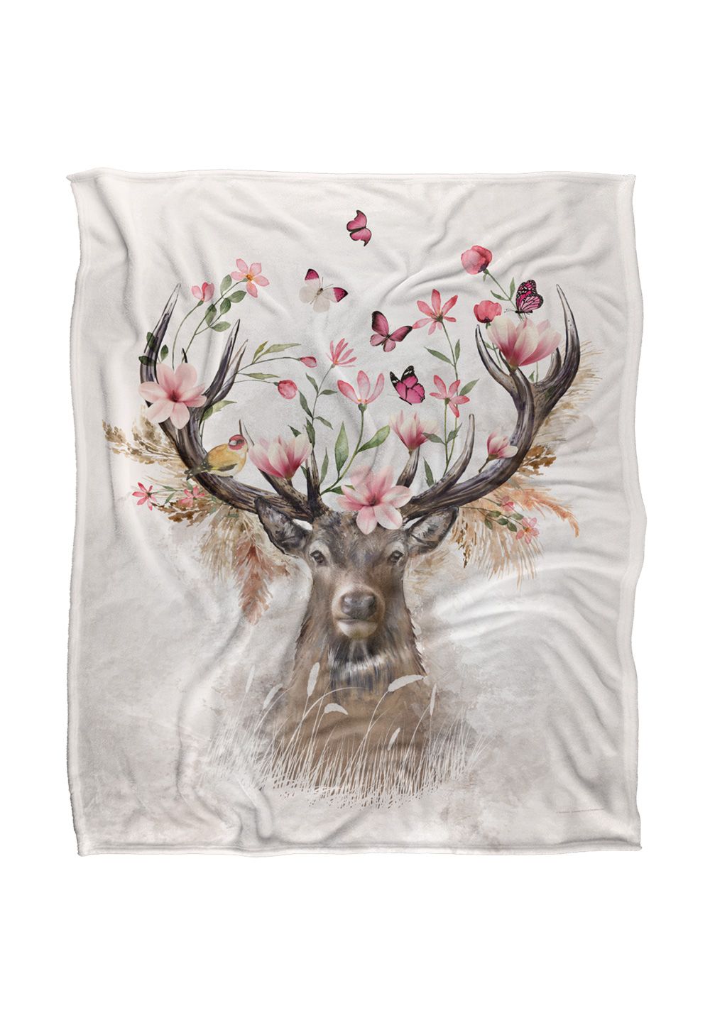 Reinders Floral Deer Silky Touch Super Soft Throw Blanket 152 X 127 cm in White