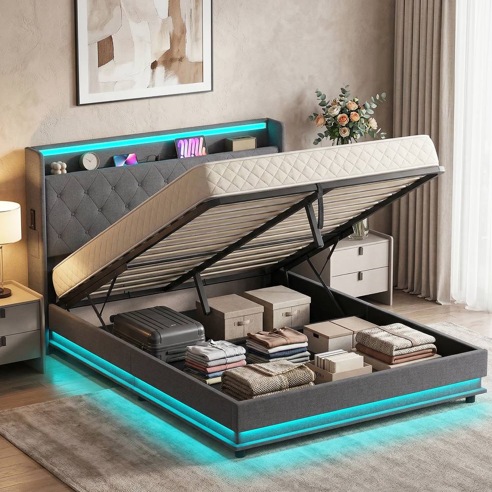 HOMCOM Lift up Storage Bed Frame with RGB LED Lights, 150 x 200cm, Dark Grey