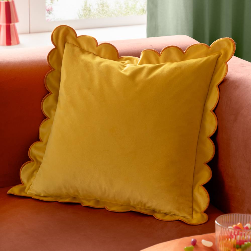 Furn Lil Scallop Velvet Cushion in Yellow