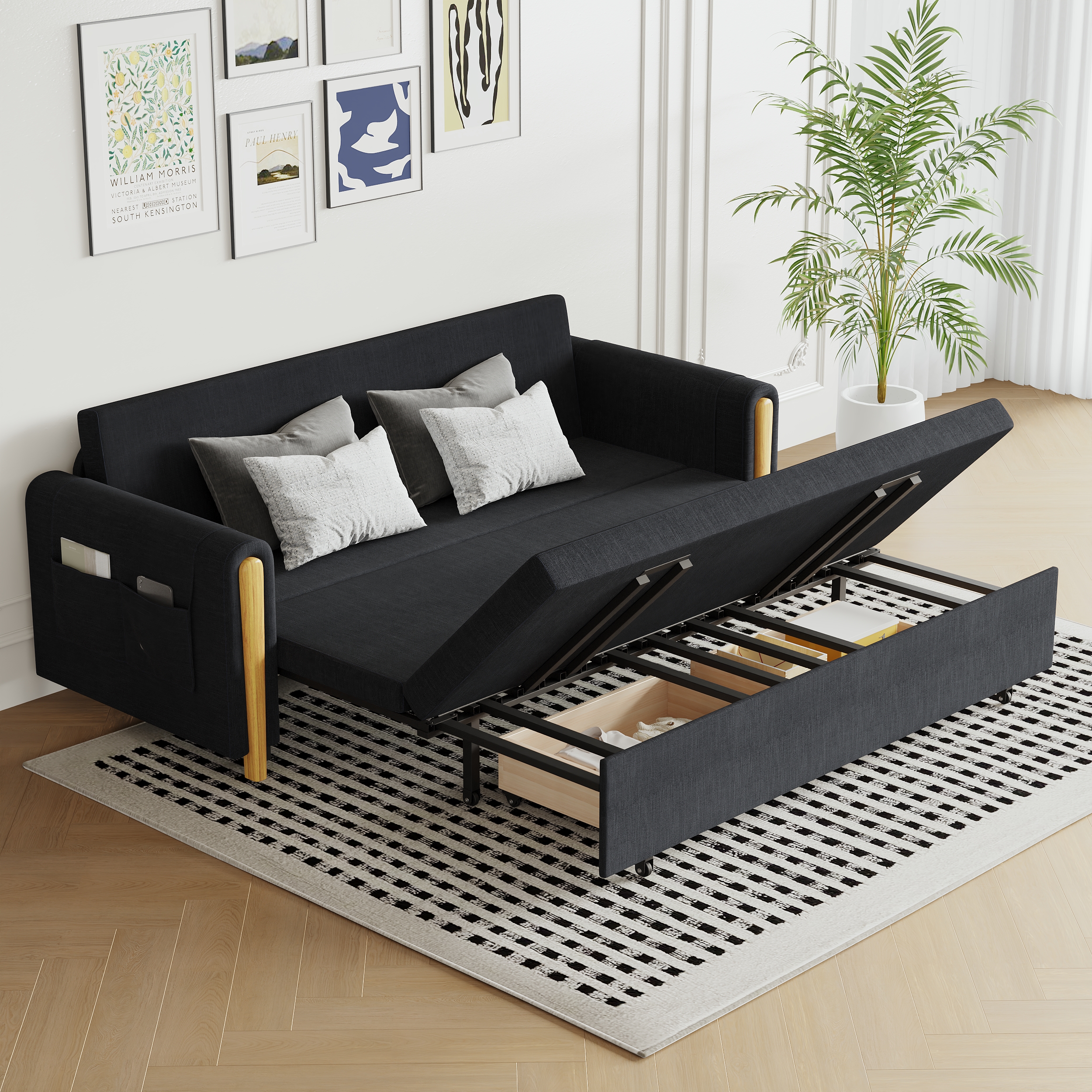 Black Upholstered King Size Daybed with Trundle