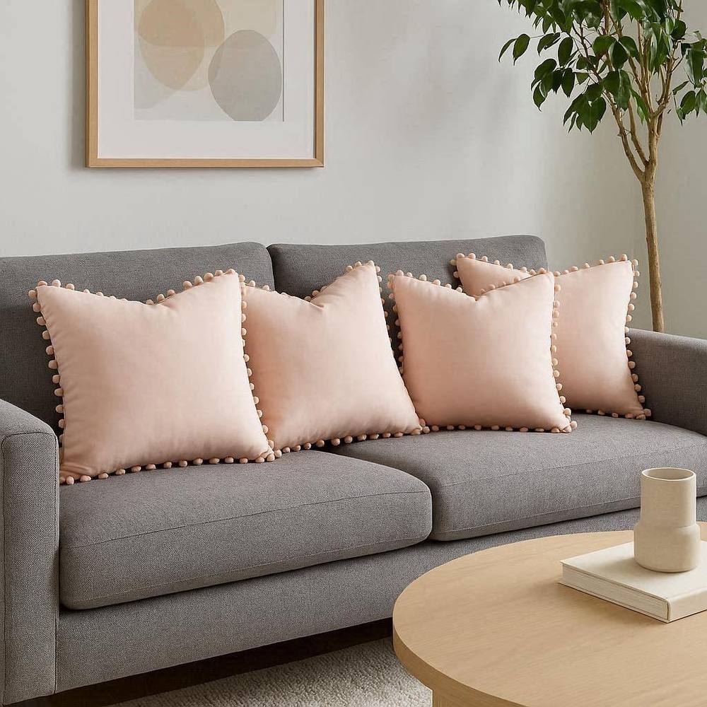 Luxury Living Set of 4 Velvet Cushions with Pom Trim with pads in Pink