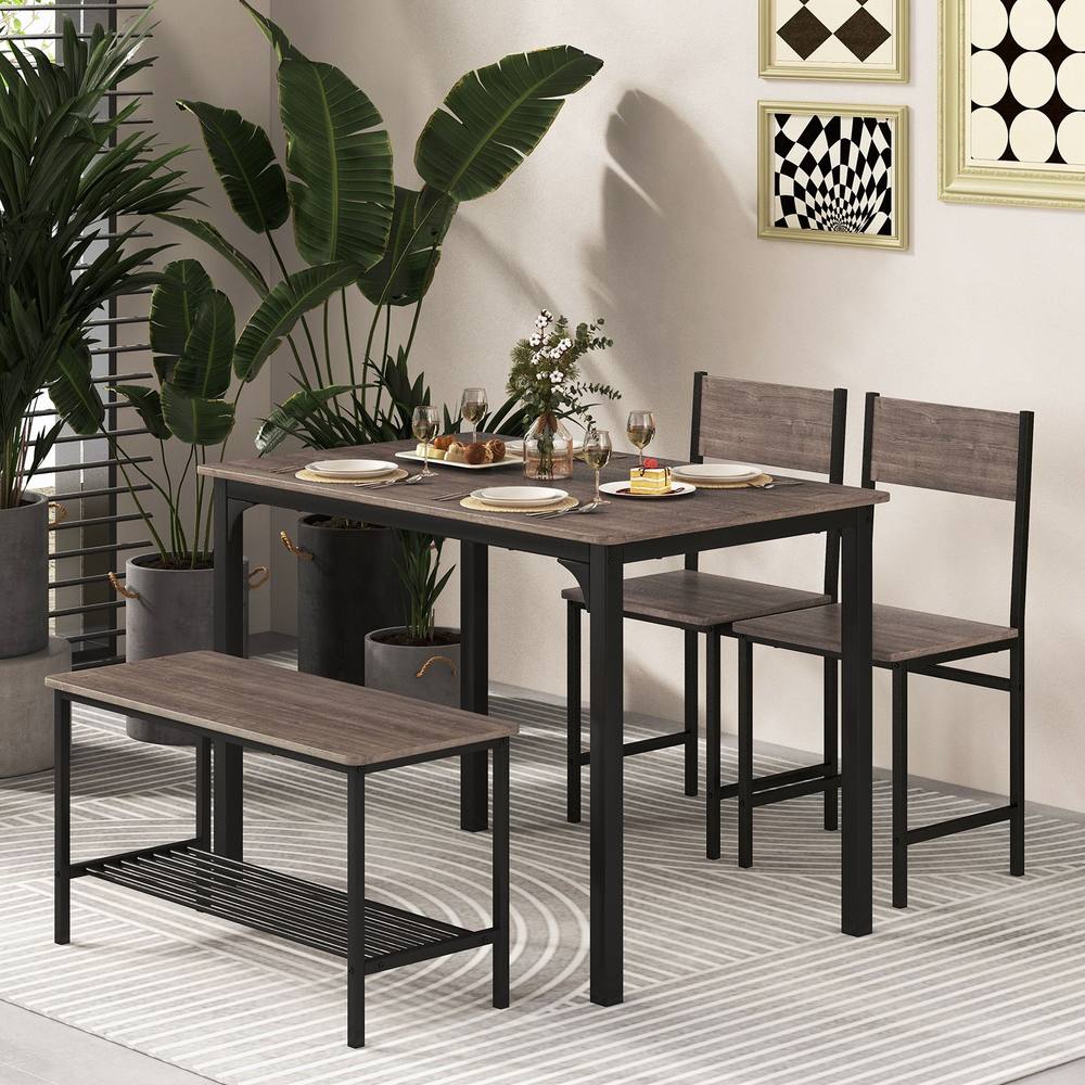 Costway 4-Piece Dining Table Set Kitchen Table with 2 Chairs & a Bench in Grey