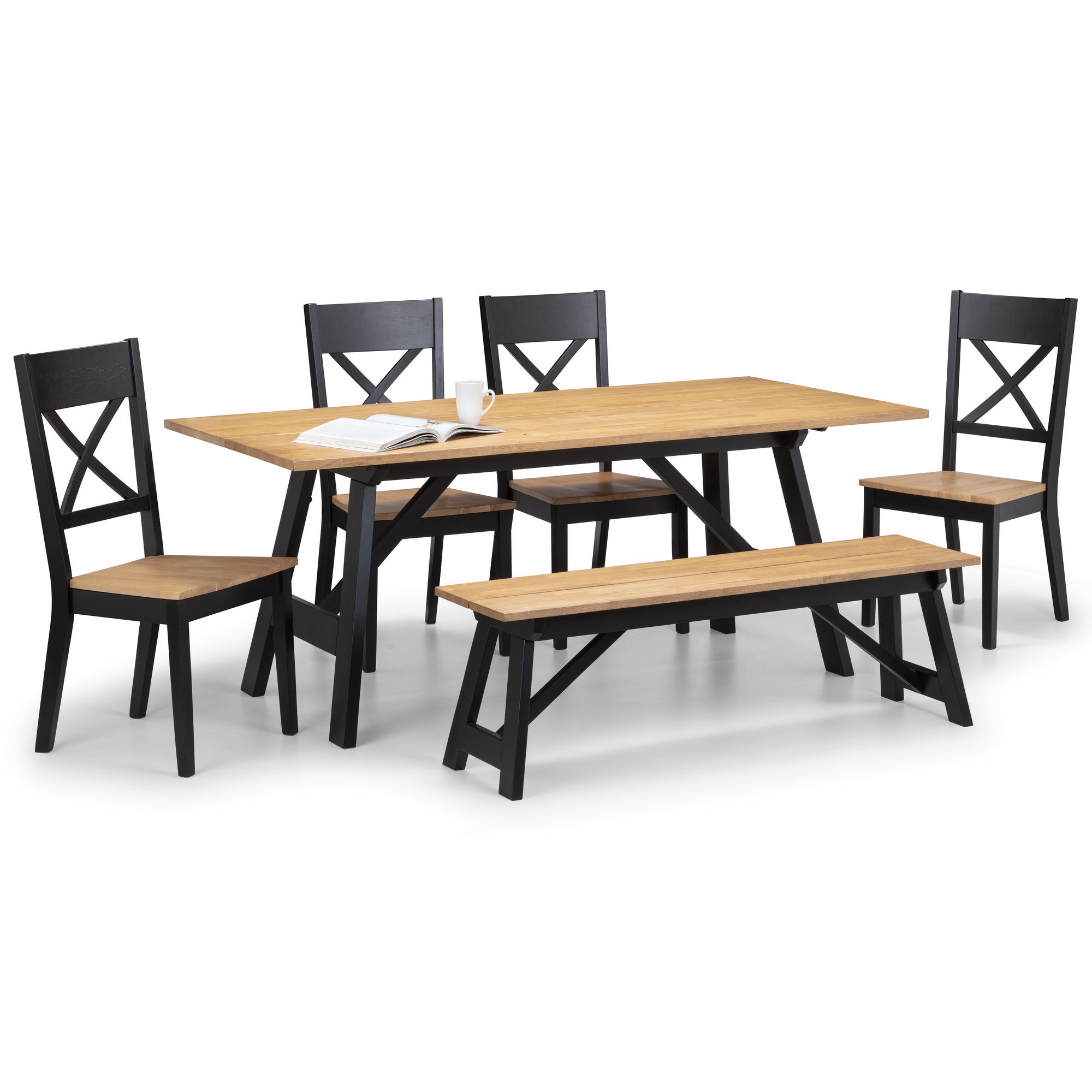 Hockley 6 Seater Rectangular Dining Table with 4 Chairs and Bench, Black