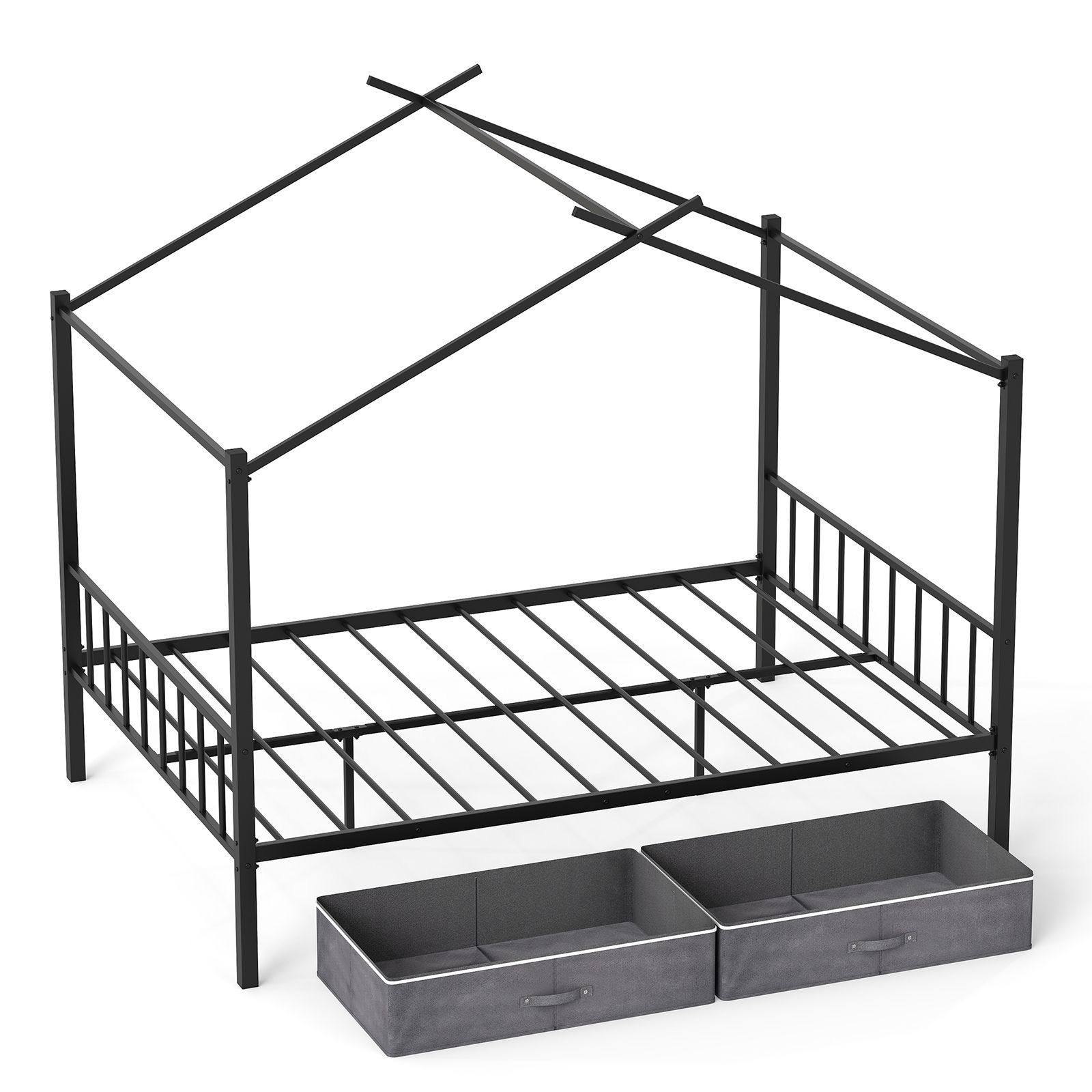 Costway Double Size House Bed Heavy-Duty Metal Platform Bed w/2 Drawers in Black