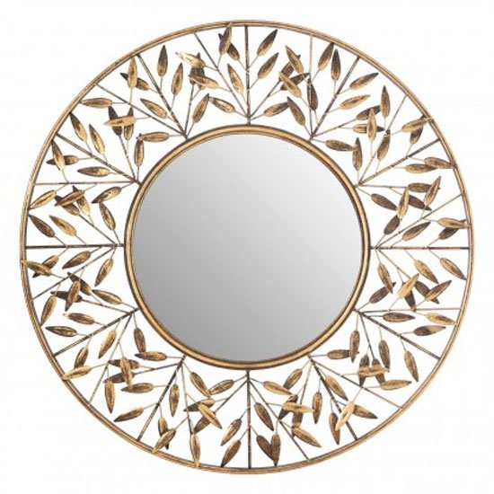 Zaria Round Tiny Leaf Design Wall Bedroom Mirror In Gold Frame