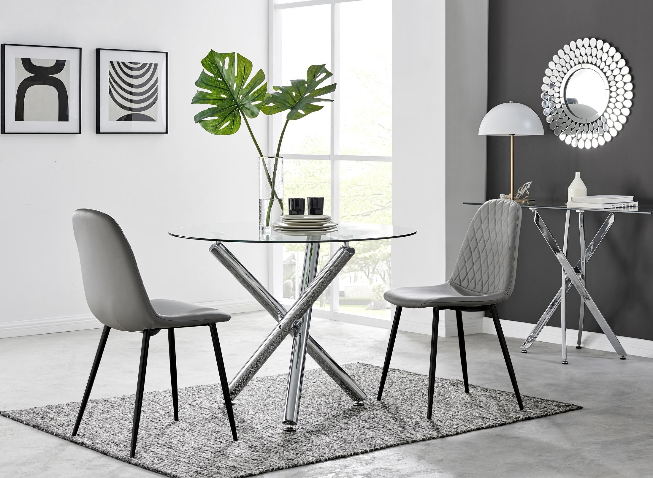 FurnitureboxUK Selina Round Glass Chrome Leg Dining Table & 2 Corona Black Leg Chairs in Grey