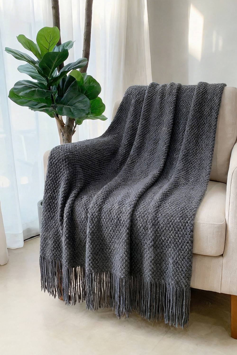 Living and Home Cozy Knitted Fringed Throw for Sofa & Bed Decor in Dark Grey