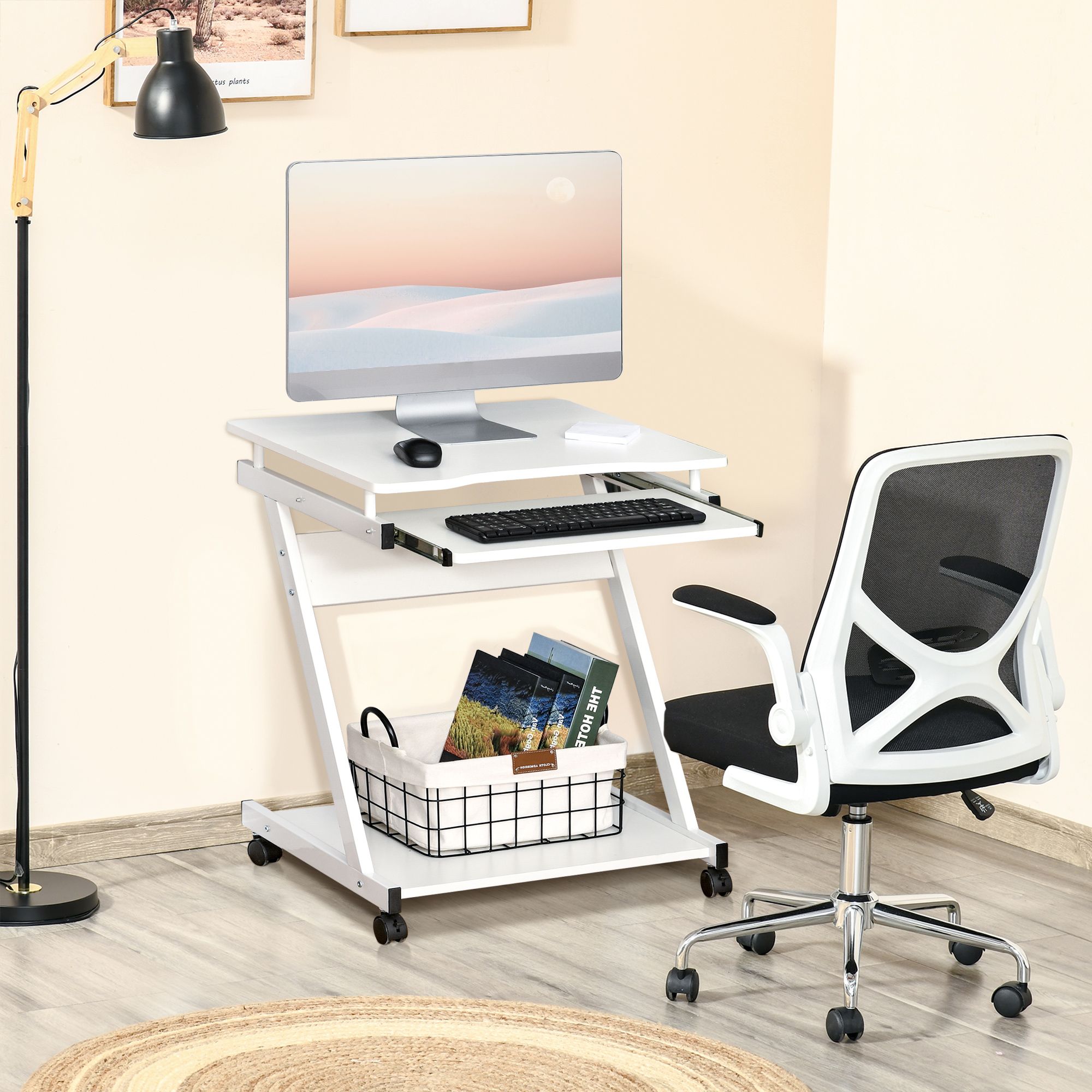 HOMCOM Movable Computer Desk with 4 Moving Wheels Sliding Keyboard Tray in White