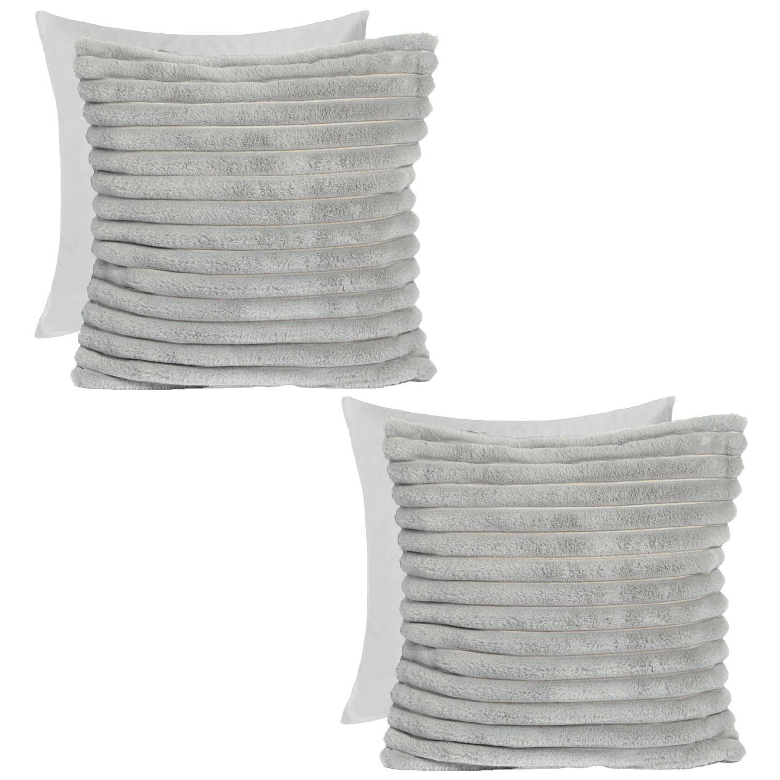 OHS 2 x Faux Fur Thick Rib Filled Cushion Covers in Light Grey