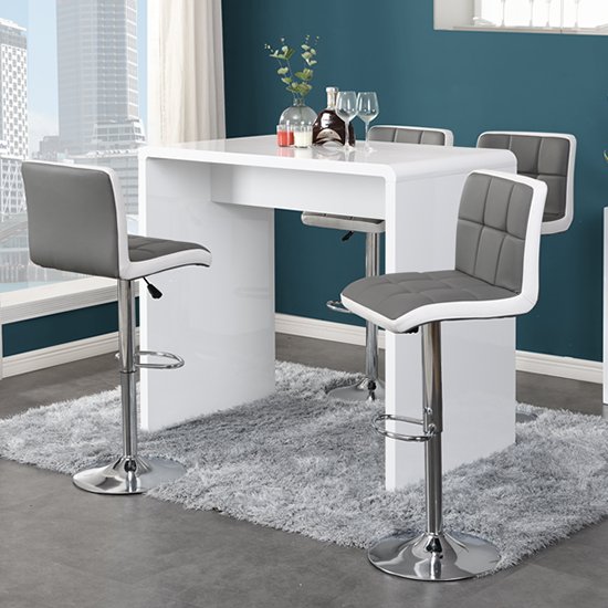 Glacier Gloss Bar Table In White With 4 Copez Grey White Bar Stools