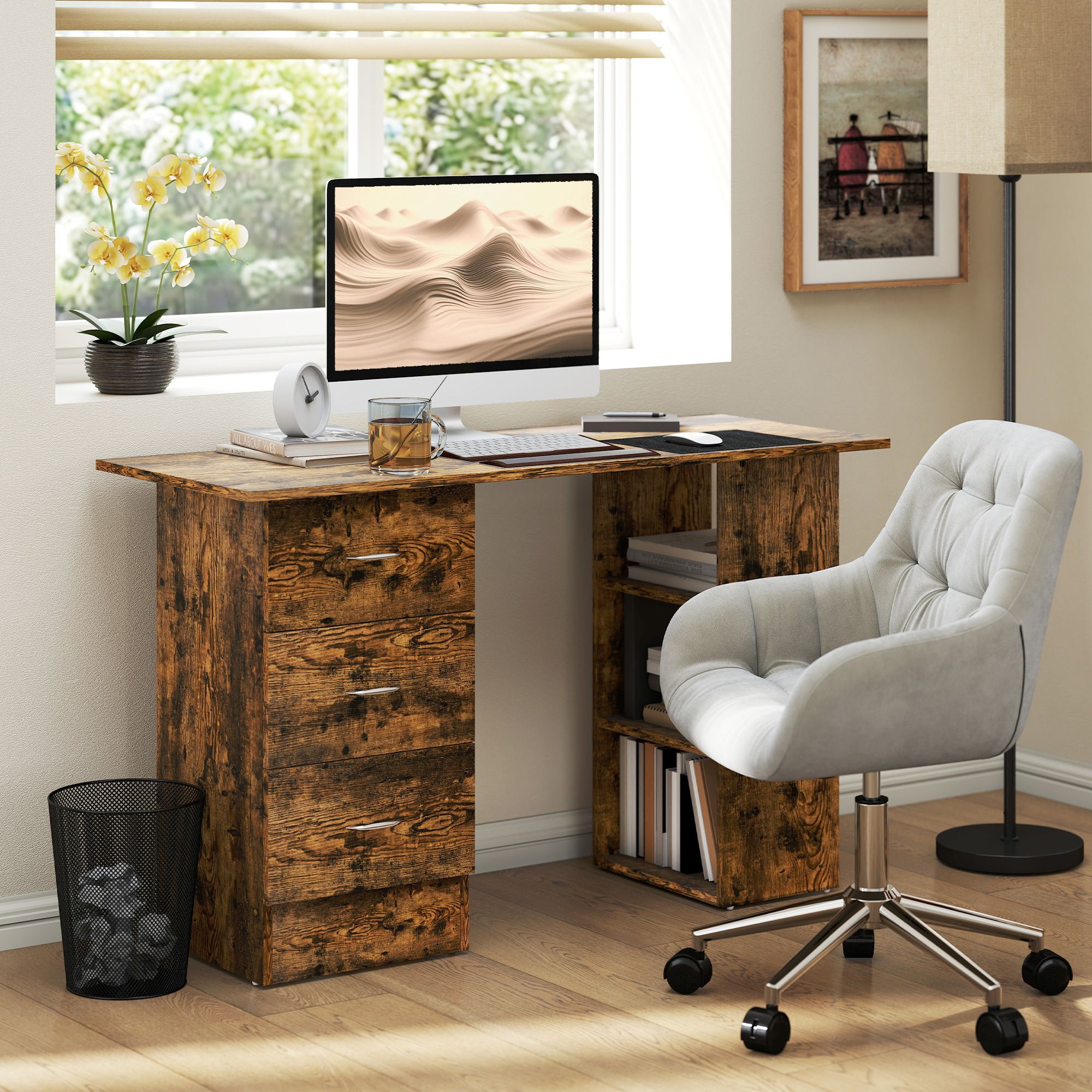 HOMCOM 120cm Computer Desk, Study Table with 3 Shelf & Drawers in Brown