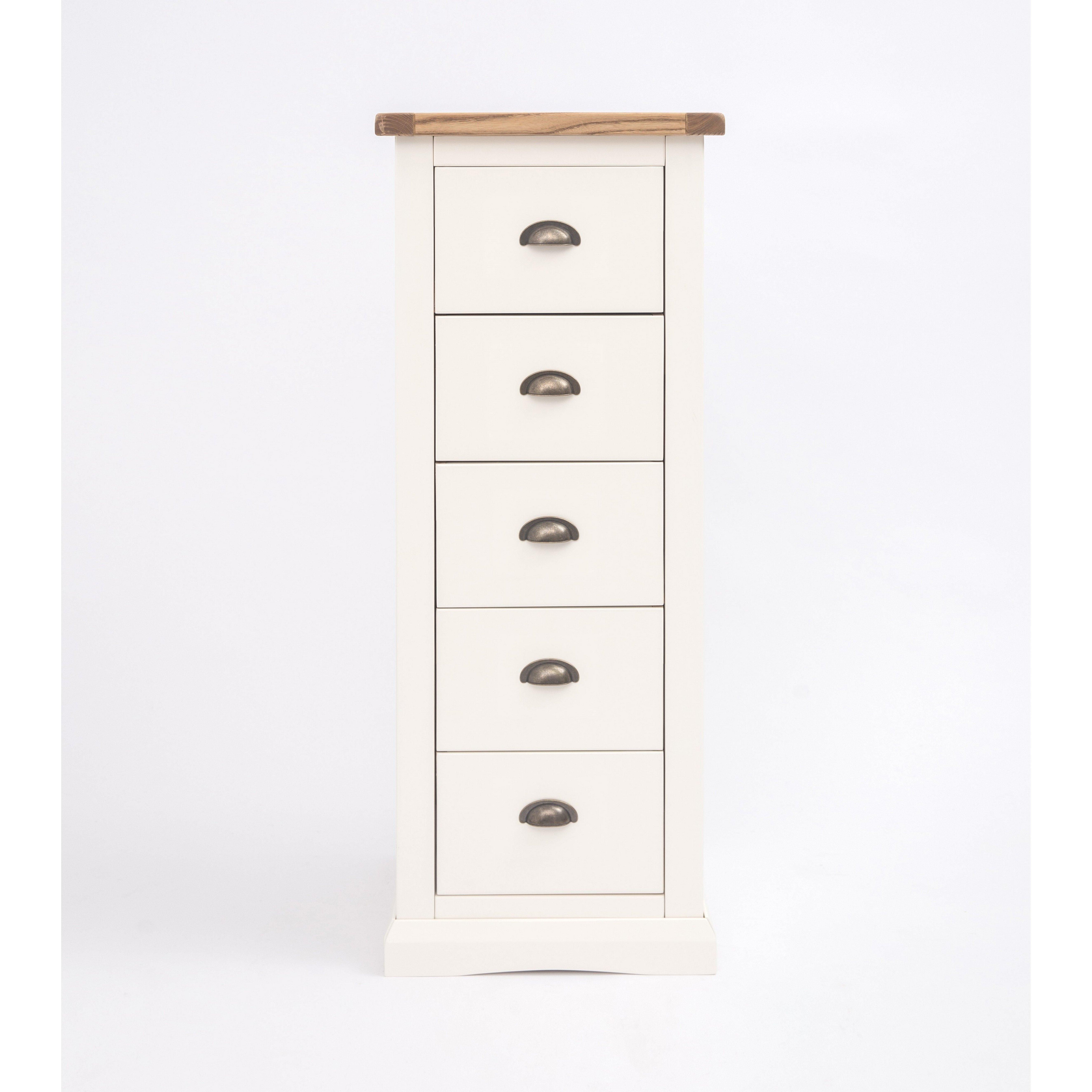 Cabinet Bits Cosenza 5 Drawer Narrow Chest of Drawers Brass Cup Handle in Off-White