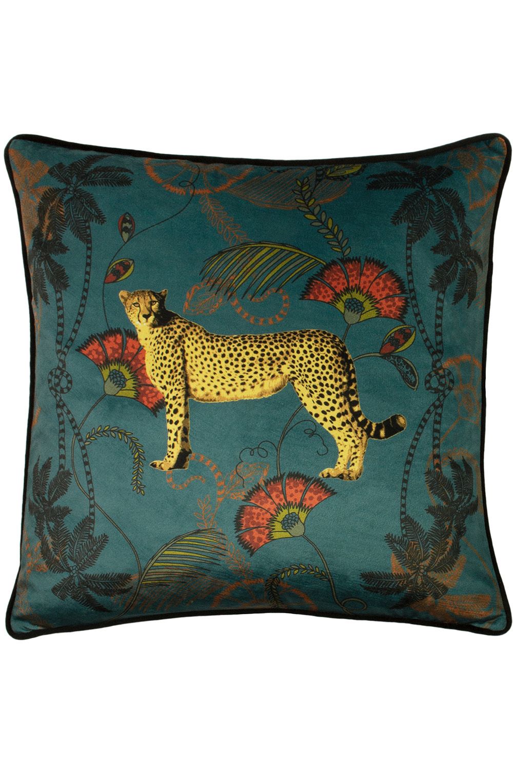 Paoletti Tropical Cheetah Printed Piped Cushion in Teal