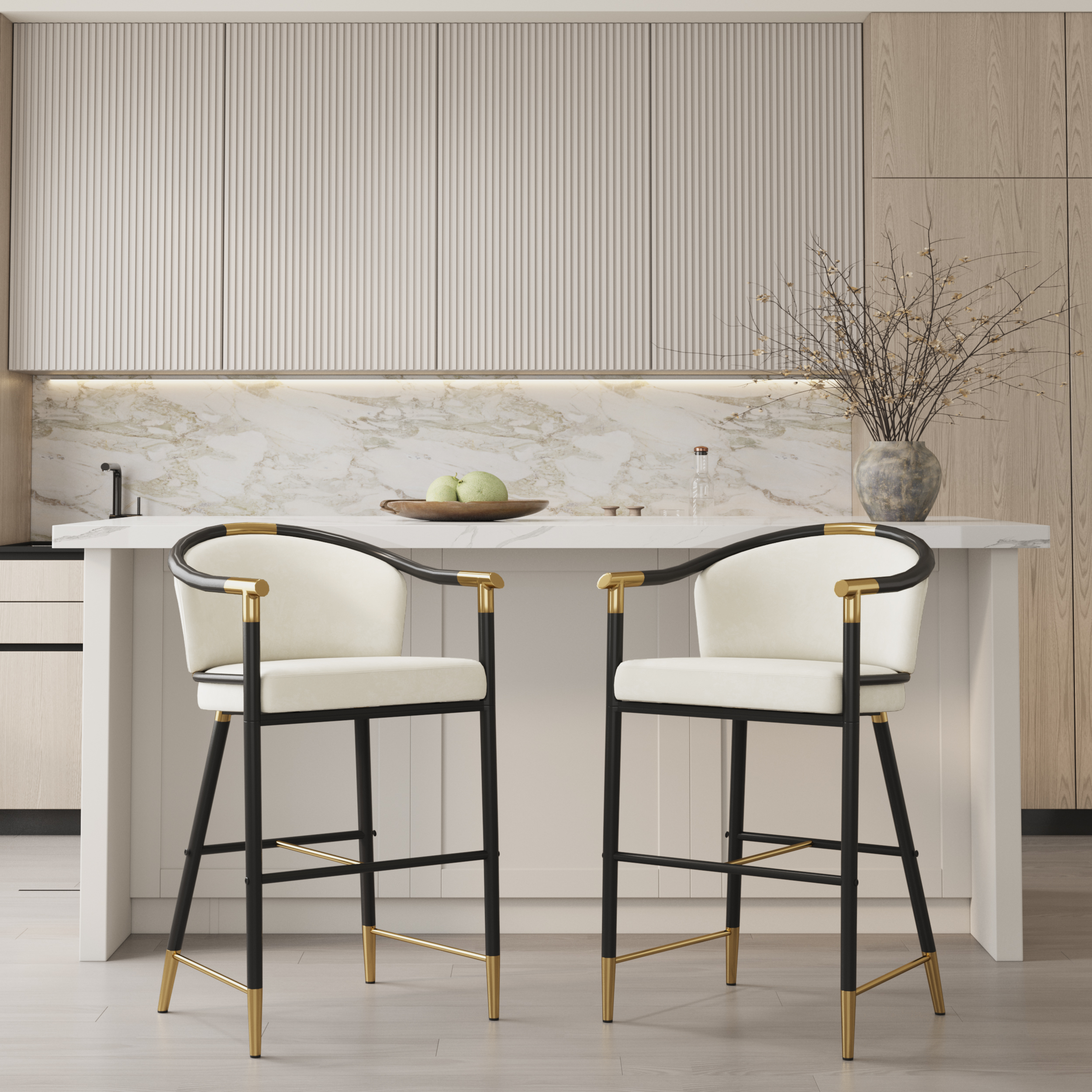 Modern Counter Stools with Velvet Upholstery Beige Bar Stools Set of 6