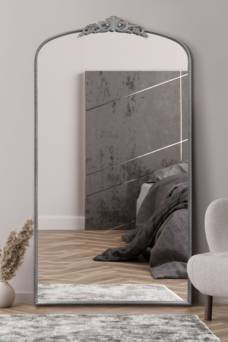 MirrorOutlet Silver Metal Framed Arched Wall Mirror 68" X 38" (174CM X 96CM)