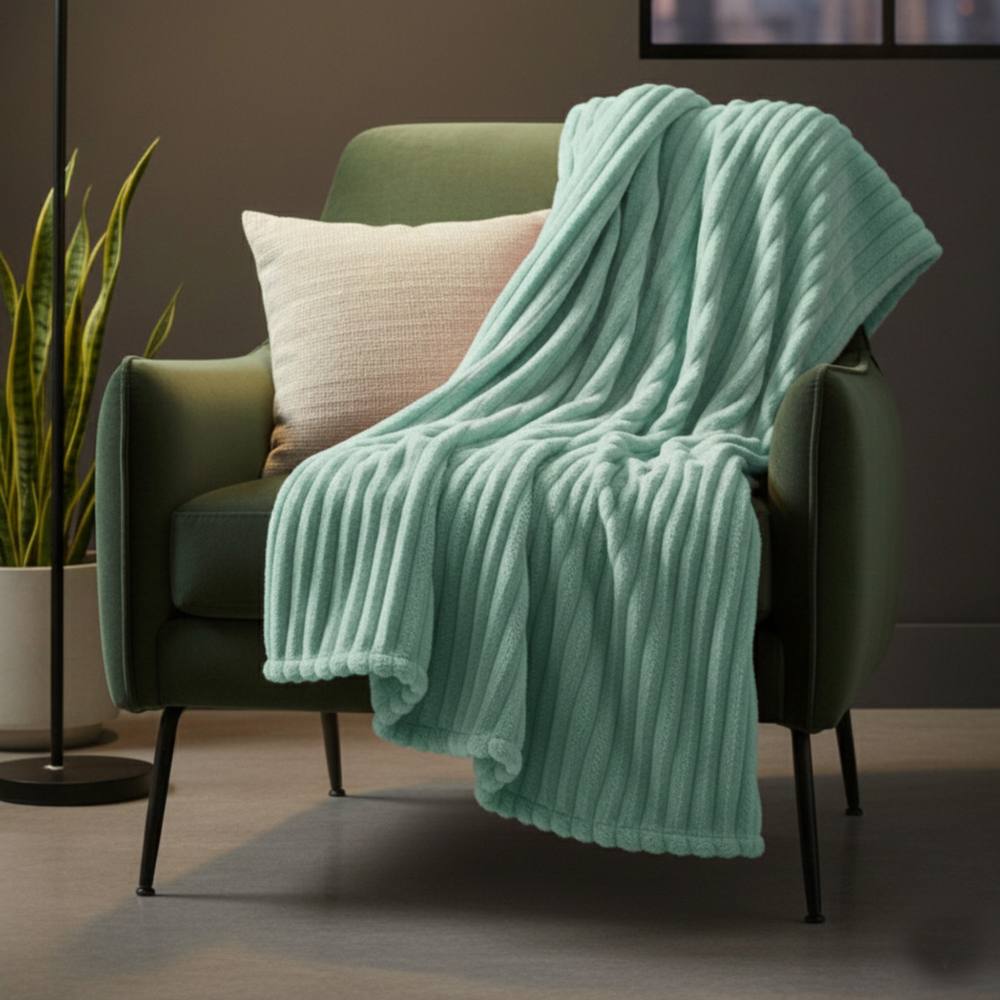 Snug City Chunky Ribbed Mink Throw Ultra Soft Warm Elegant Blanket for Sofa Bed in Duck Egg Blue
