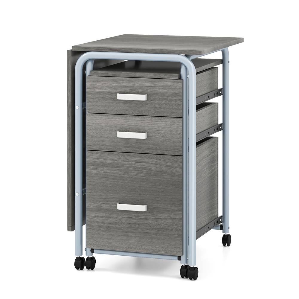 Costway Folding Computer Desk Wheeled Home Office Workstation W/ 3 Drawers in Grey