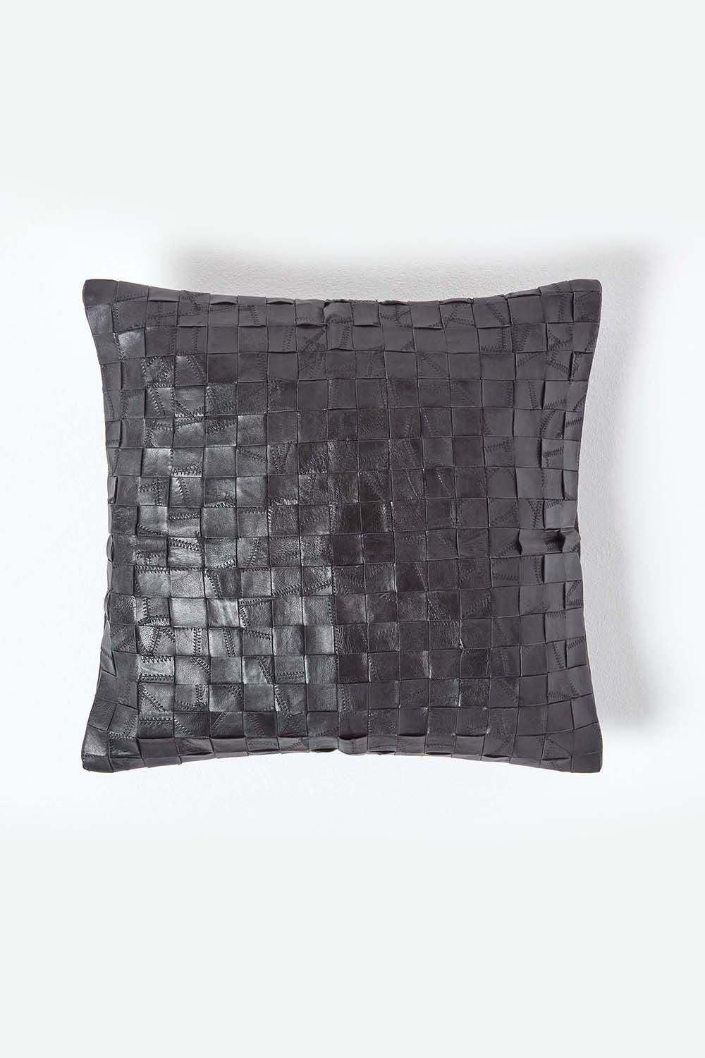 Homescapes Black Real Leather Basketweave Check Suede Cushion with Feather Filling