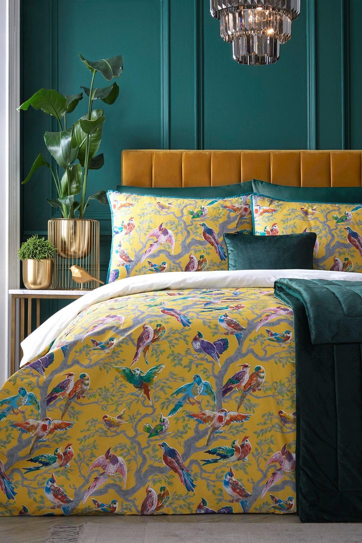 Laurence Llewelyn-Bowen 'Birdity Absurdity' 100% Cotton Sateen Duvet Cover Set in Yellow