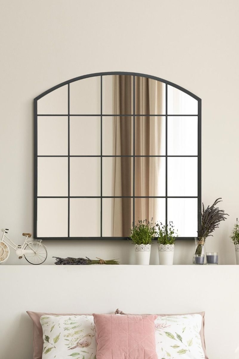 MirrorOutlet Black Framed Arched Window Leaner/Wall Mirror 39" X 39" (100x100CM)
