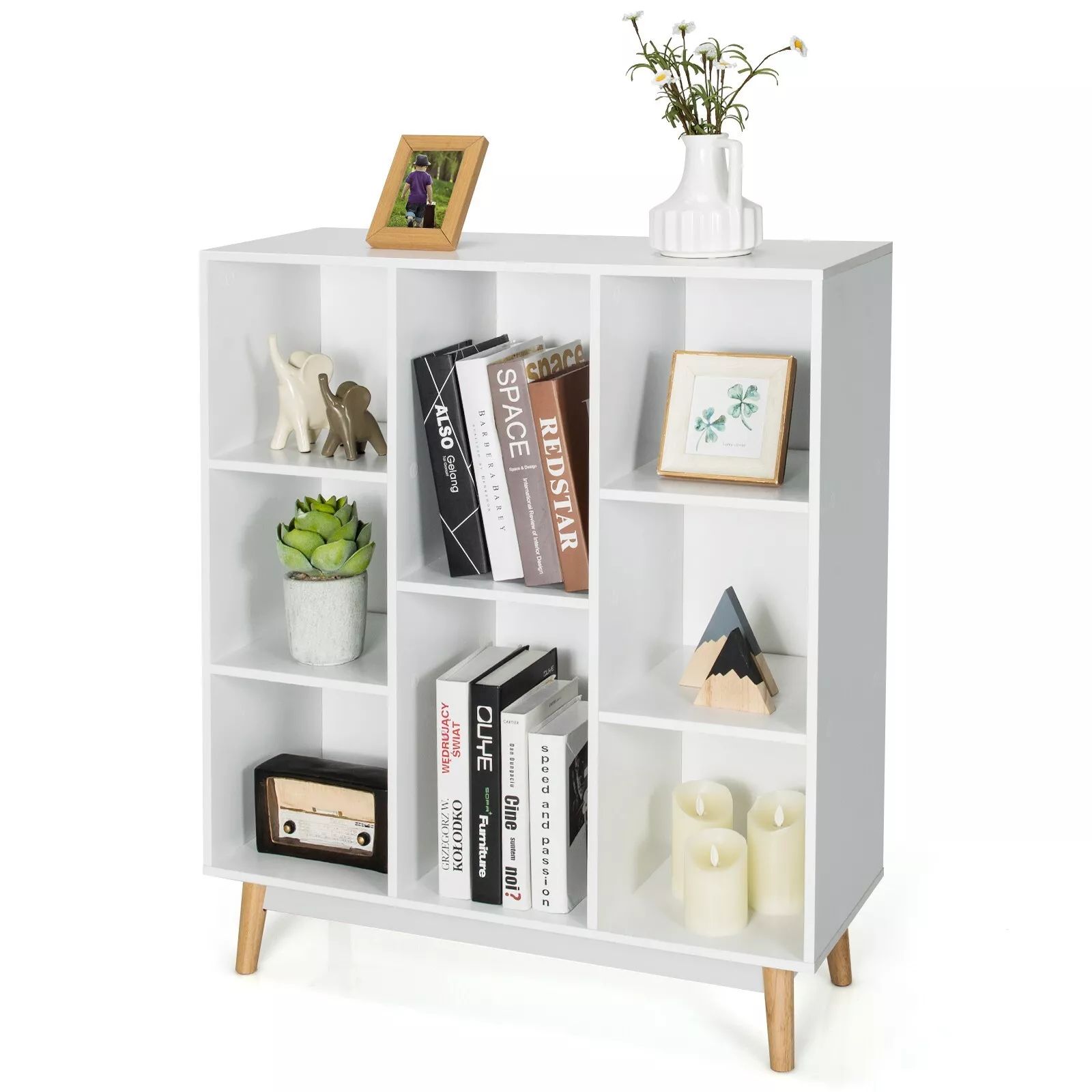 Costway 8-Cube Storage Bookcase Wooden Bookshelf Side Cabinet Freestanding Display Rack in White