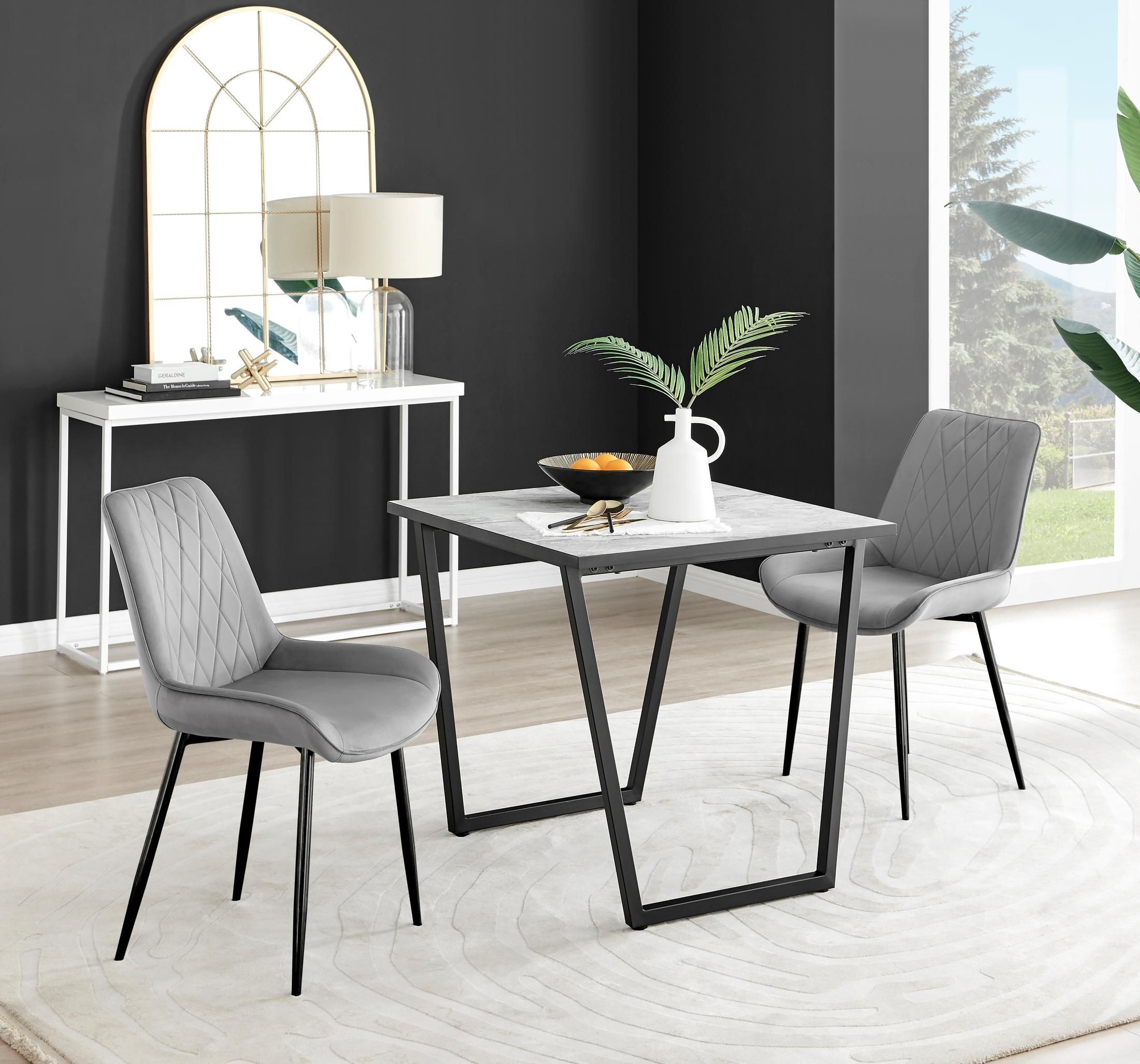 FurnitureboxUK Carson White Marble Effect Square Dining Table & 2 Velvet Pesaro Black Leg Chairs in Grey