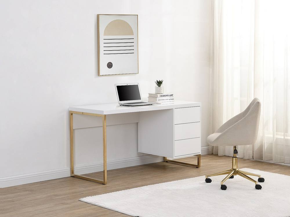Vente-unique 3-Drawer Desk - Lacquereded MDF & Metal - White & Gold - TIMFIA