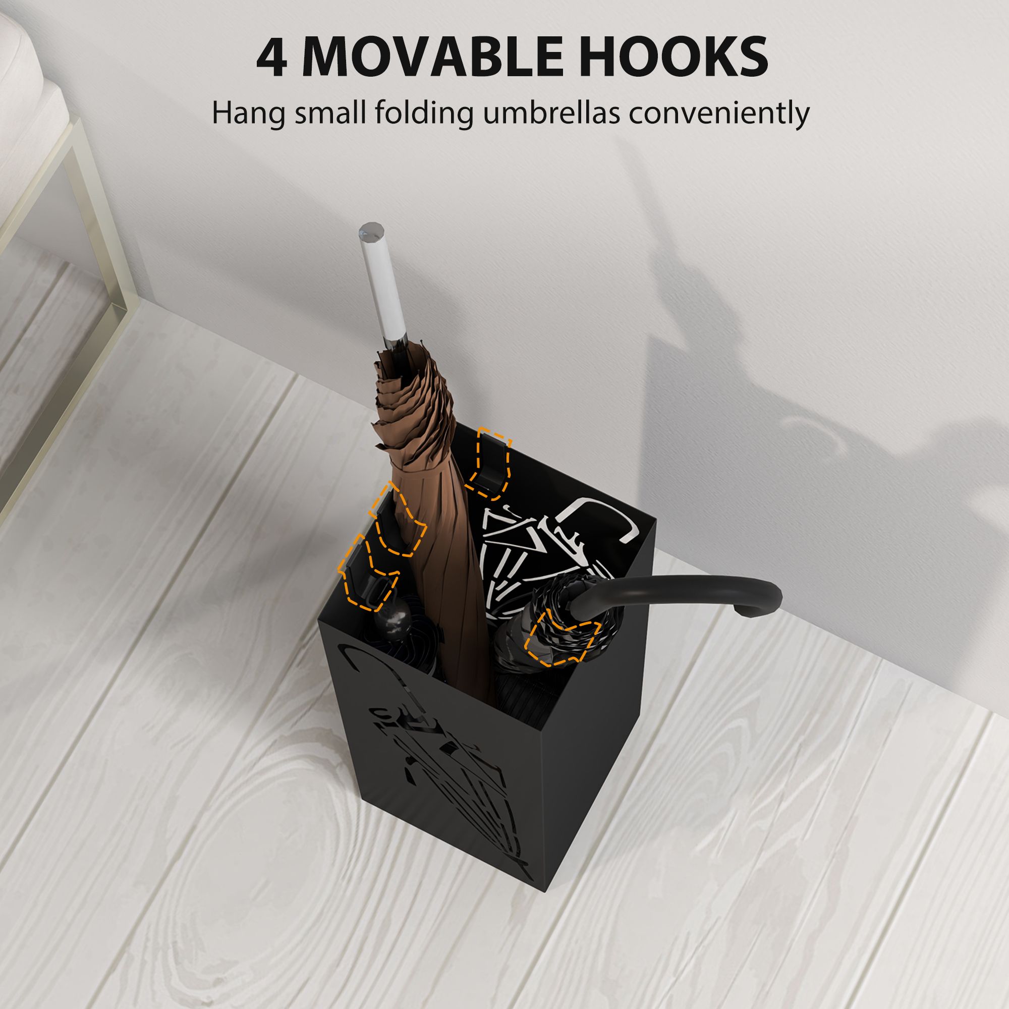 HOMCOM Square Umbrella Holder with Hooks & Water Tray for Entryway Black 5
