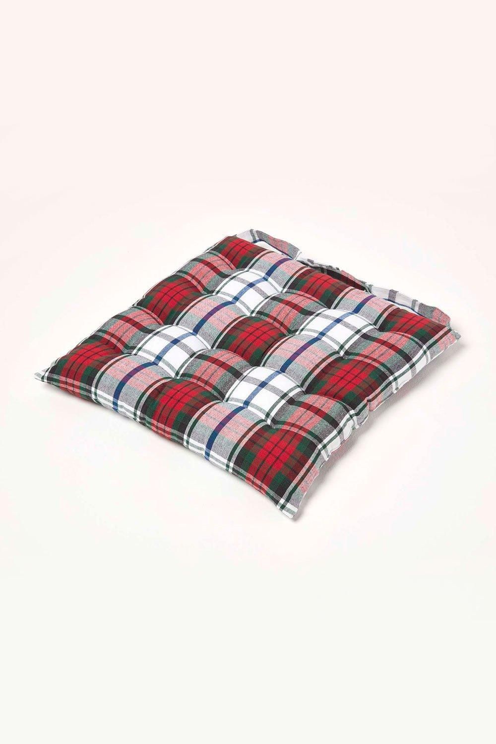 Homescapes Seat Pad Luxury Cotton Macduff Tartan Indoor Outdoor Garden Cushion, 40cm in Red