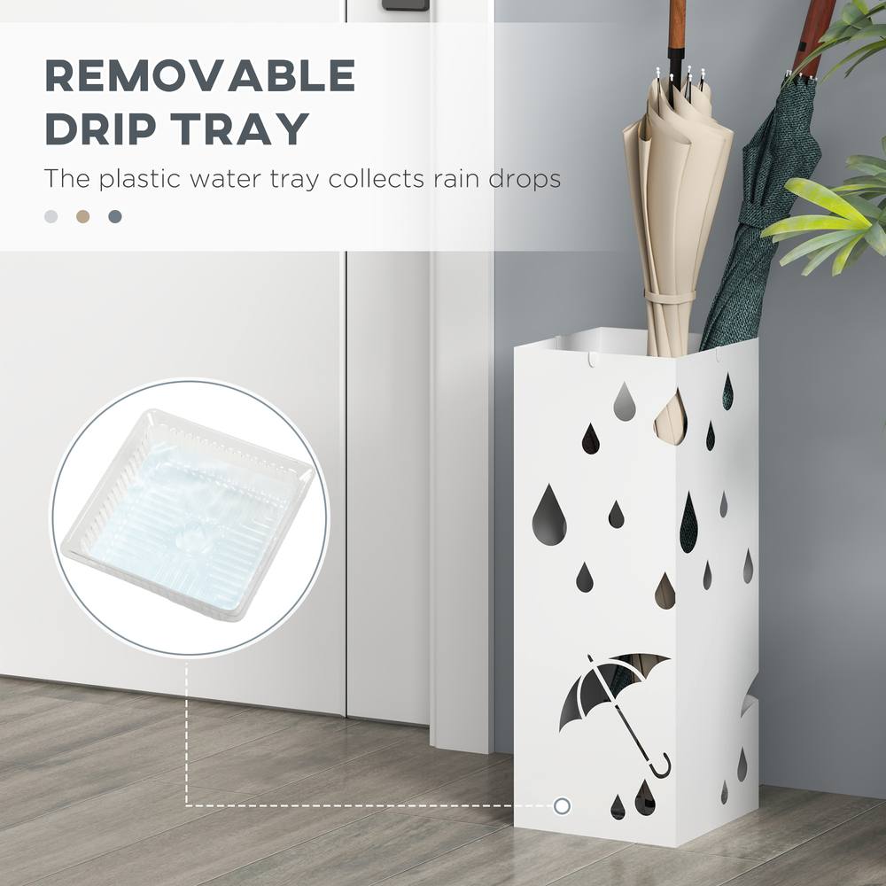 HOMCOM Metal Umbrella Stand, Square Umbrella Basket with 4 Hooks Drip Tray White 6