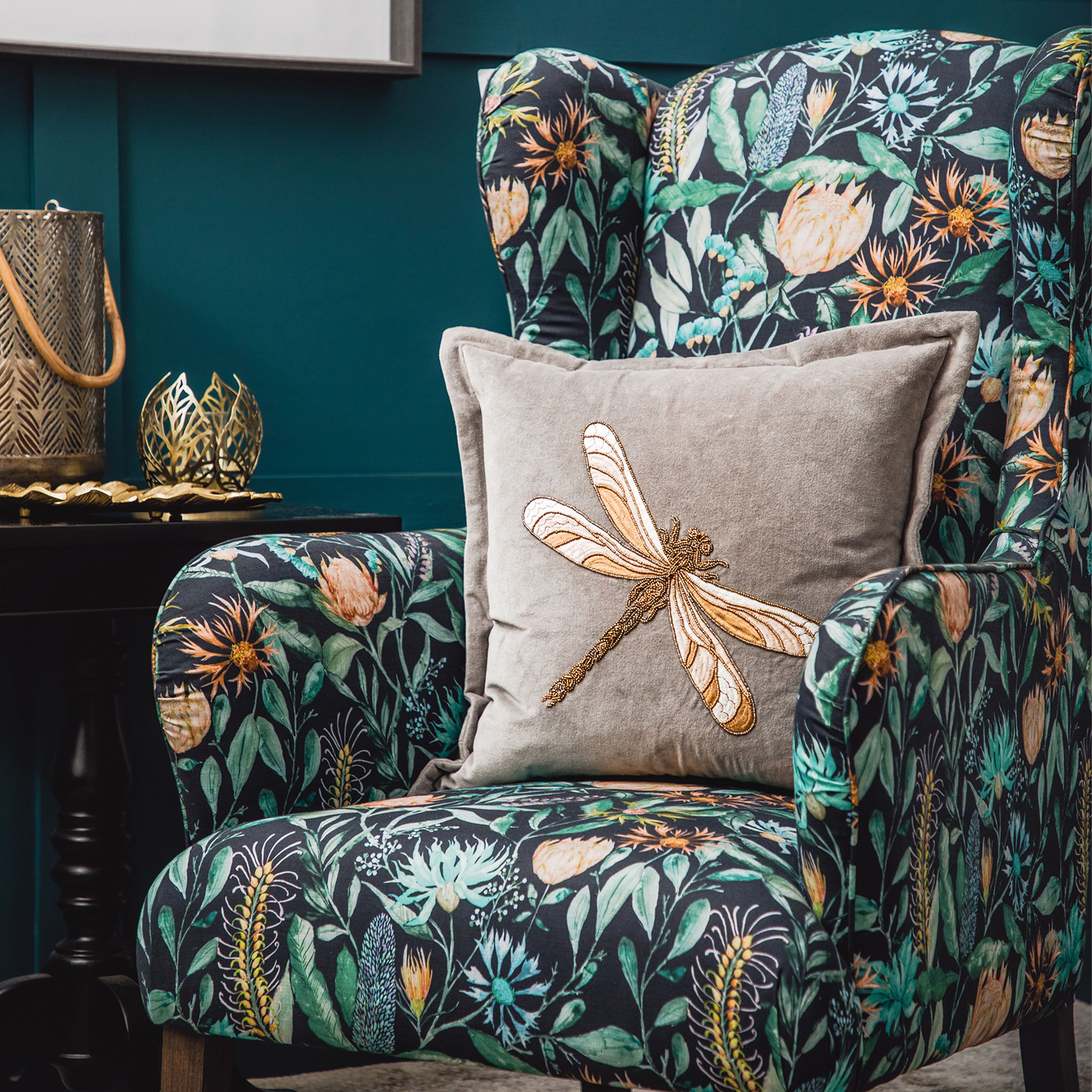 Voyage Maison Aria Velvet Embroidered Dragonfly Cushion in Grey