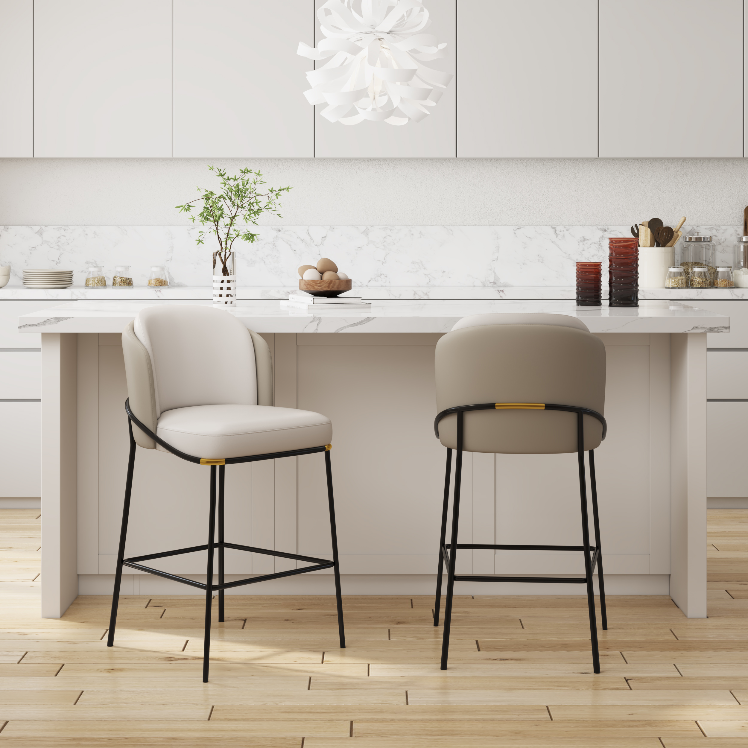 Modern PU Leather Breakfast Bar Stool Gray with Back & Footrest Set of 6