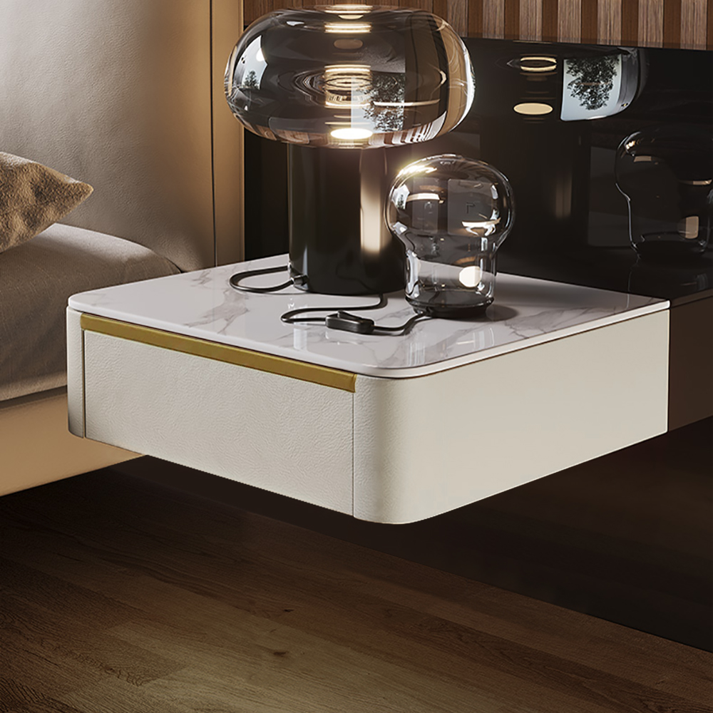 Modern White Floating Bedside Table 1 Drawer Bedside Table with Sintered Stone Top