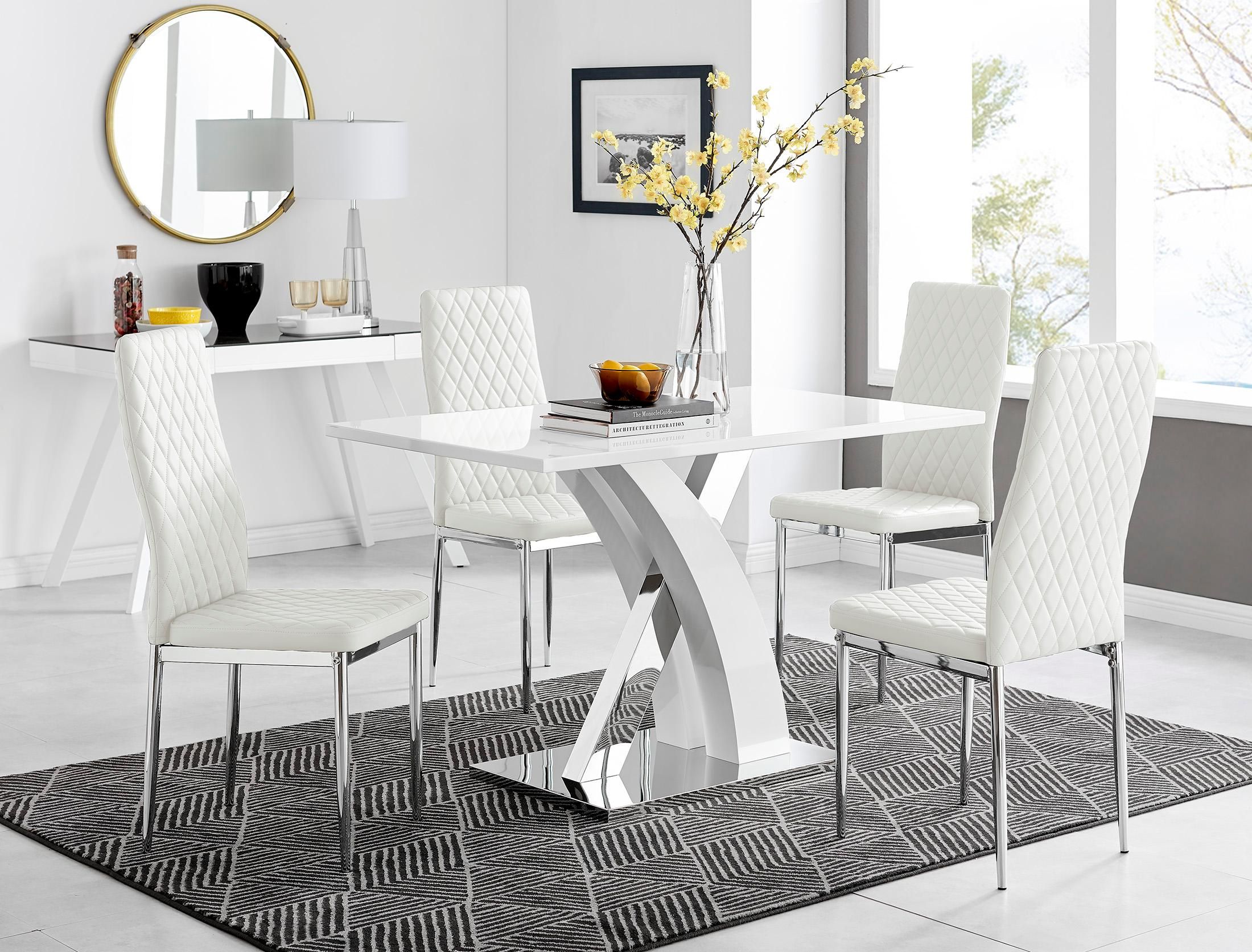 FurnitureboxUK Atlanta White High Gloss & Chrome 4 Seater Dining Table with X Shaped Legs & 4 Faux Leather Milan Chairs