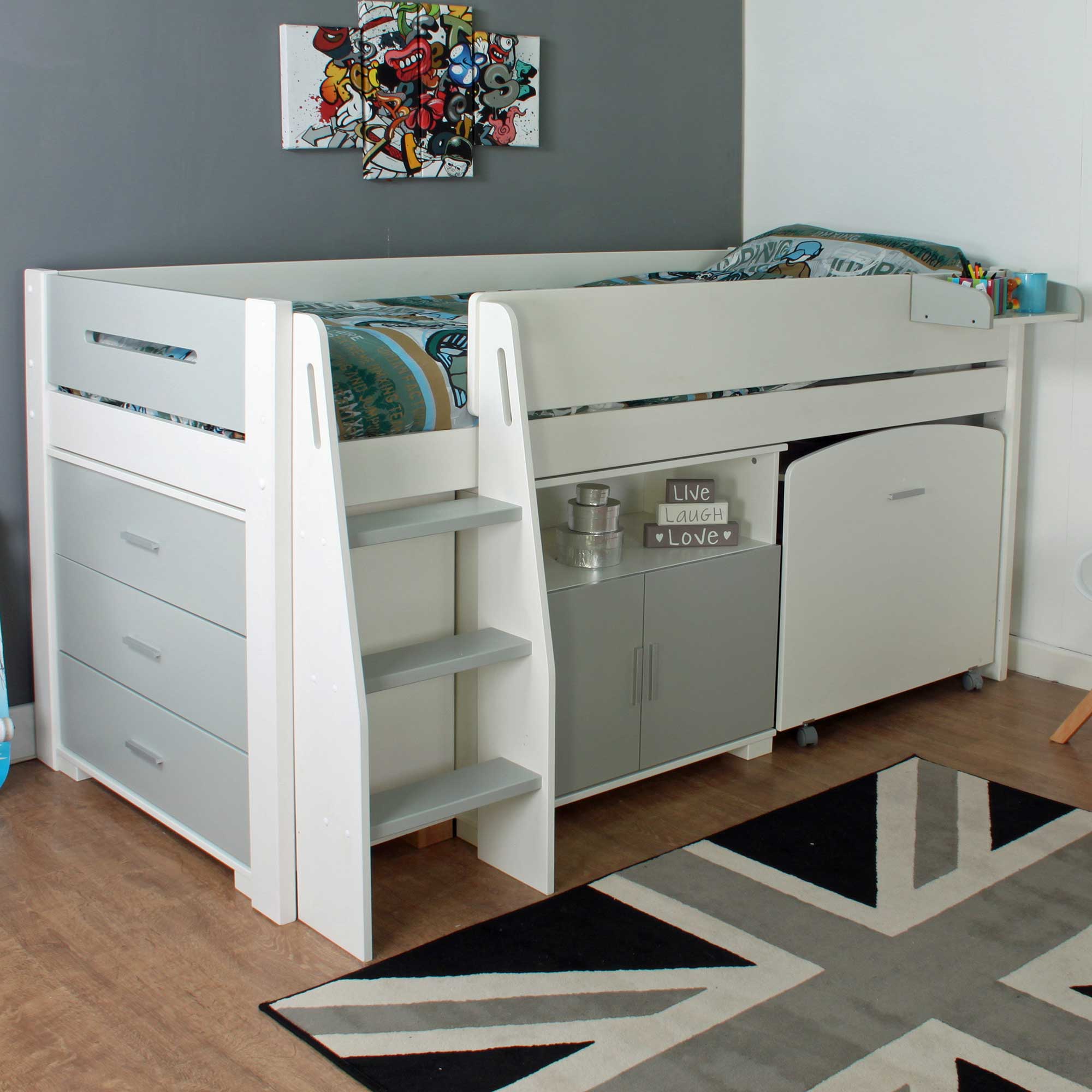 Urban Grey Childrens Midsleeper Bed with pull out Desk, Chest and Cupboard