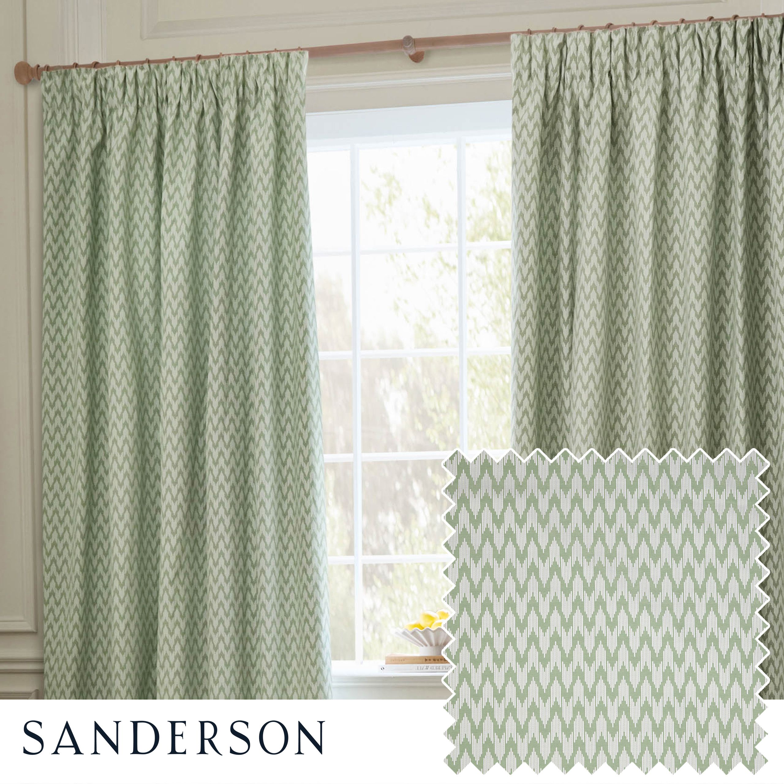 Sanderson Hutton Jacquard Room Darkening Pencil Pleat Curtains in Light Green