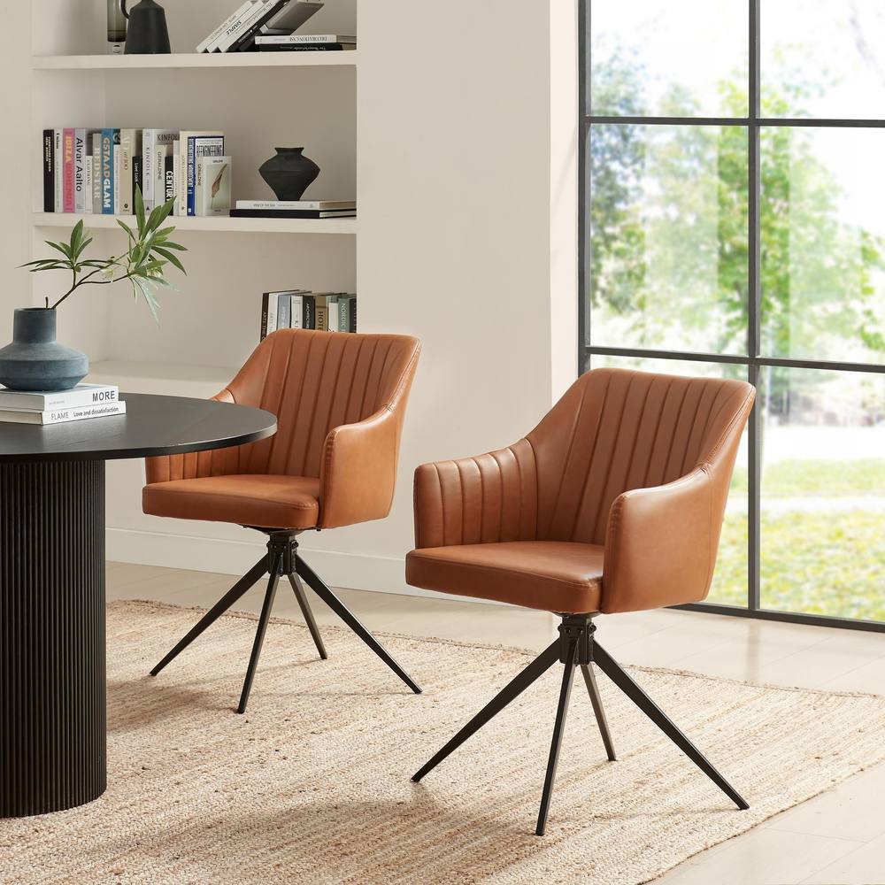 FurnitureboxUK 2x Calla Tan Faux Leather Swivel Dining Chairs