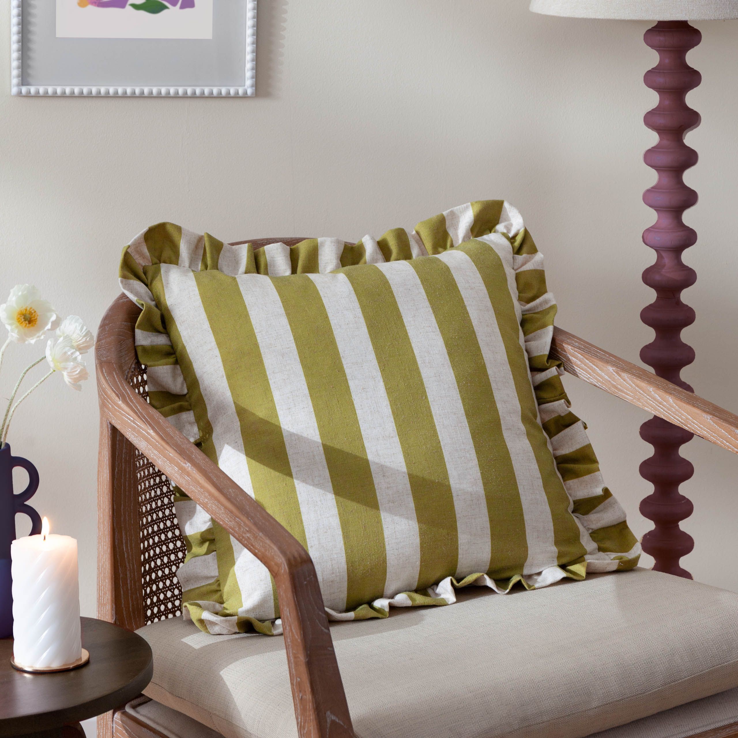 Furn Linen Stripe Printed Ruffle Cushion in Olive
