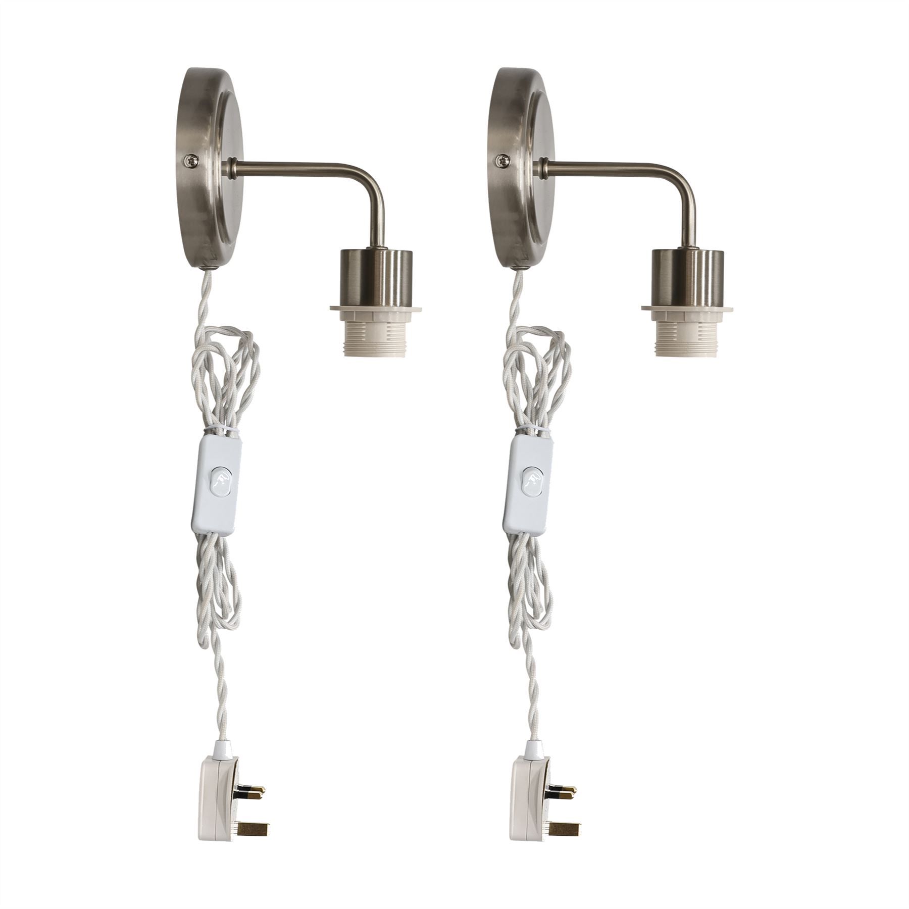 First Choice Lighting Set of 2 Toby -Satin Nickel Plug in Wall Light Fittings Only in Silver