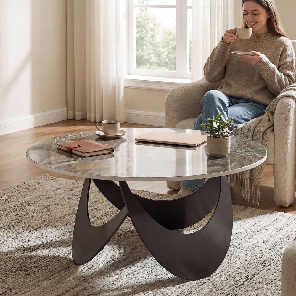 HOMCOM Coffee Table Sintered Stone Top Brown & Black