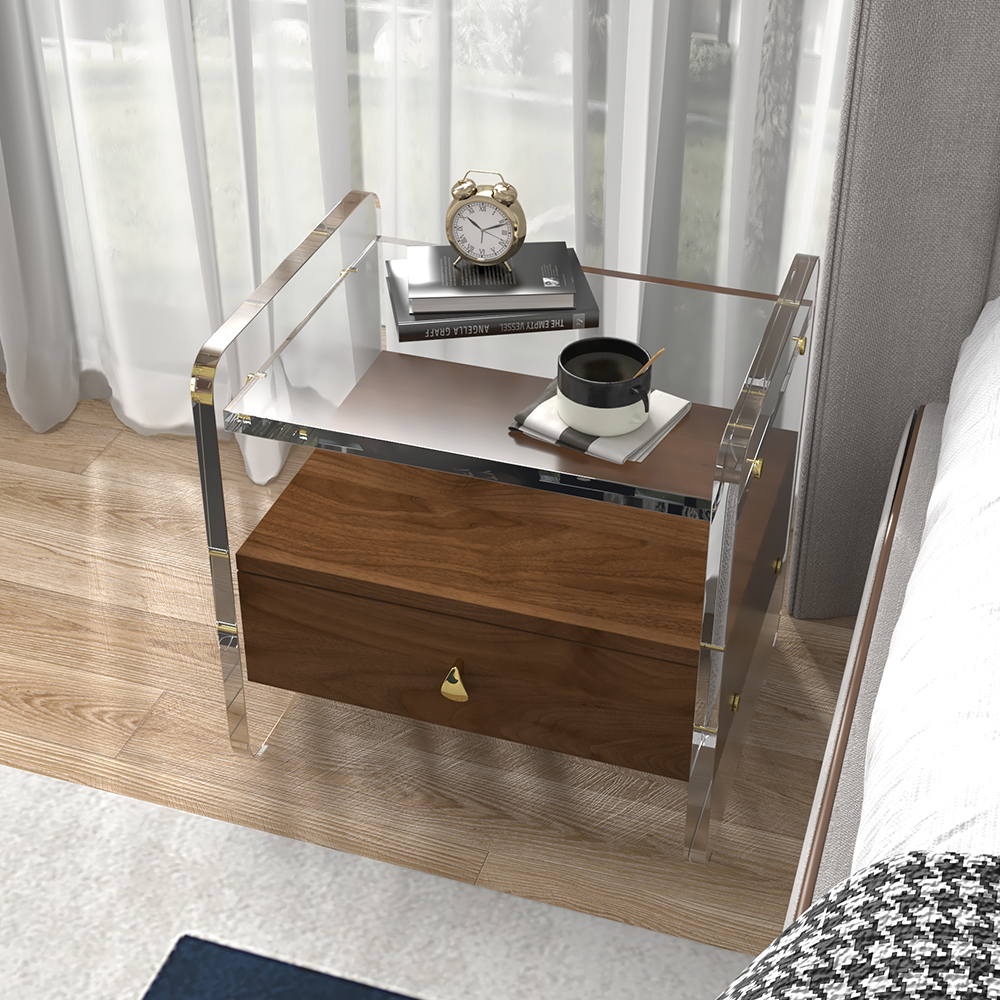 Modern Clear Acrylic Wood Bedside Table with Storage & Shelf for Bedroom