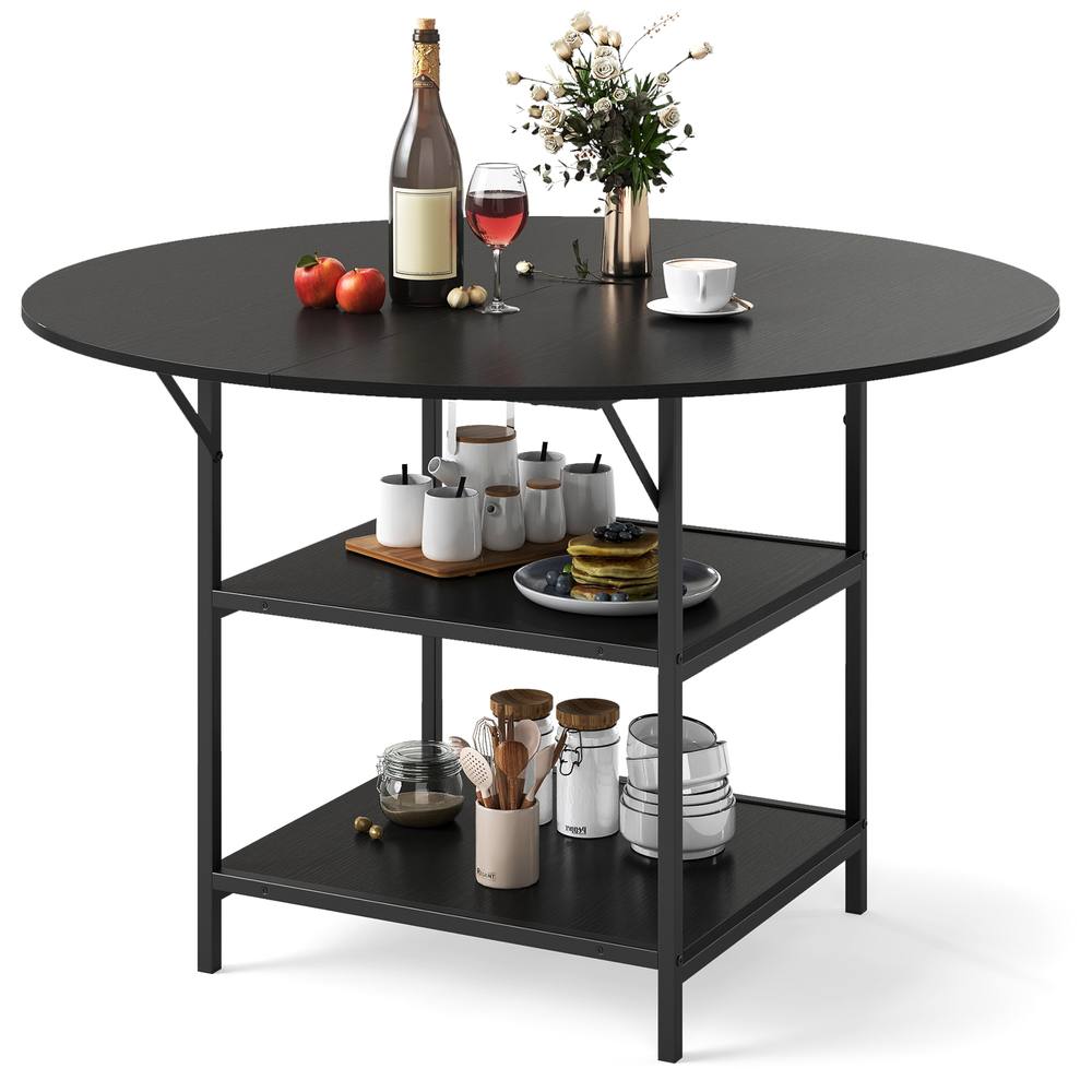 Costway 120 CM Round Dining Table Modern Kitchen Table w/ 2 Storage Shelf in Black