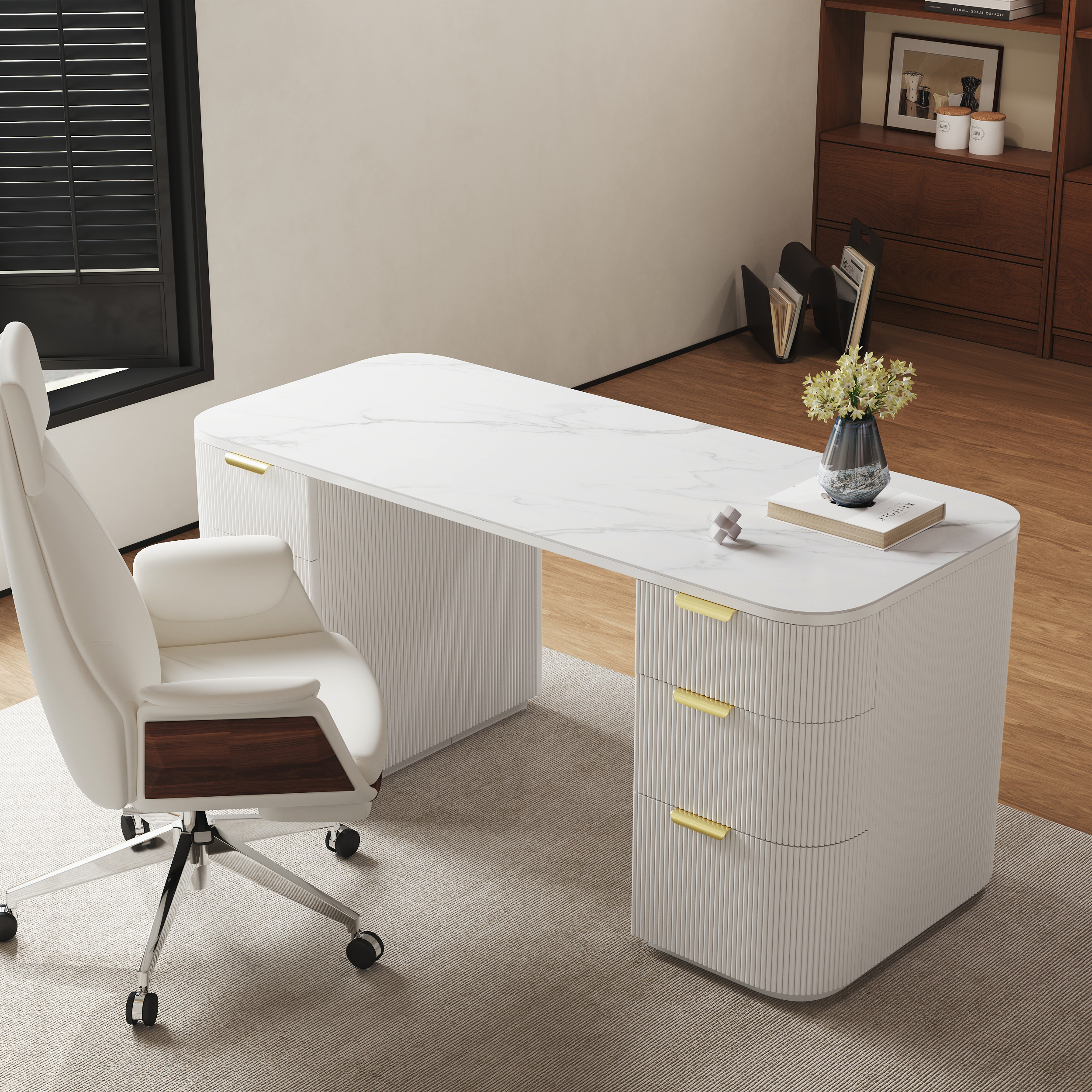 Modern White Ash Wood Rectangular Desk & Reclining Leather Office Desk Chair (63.8")
