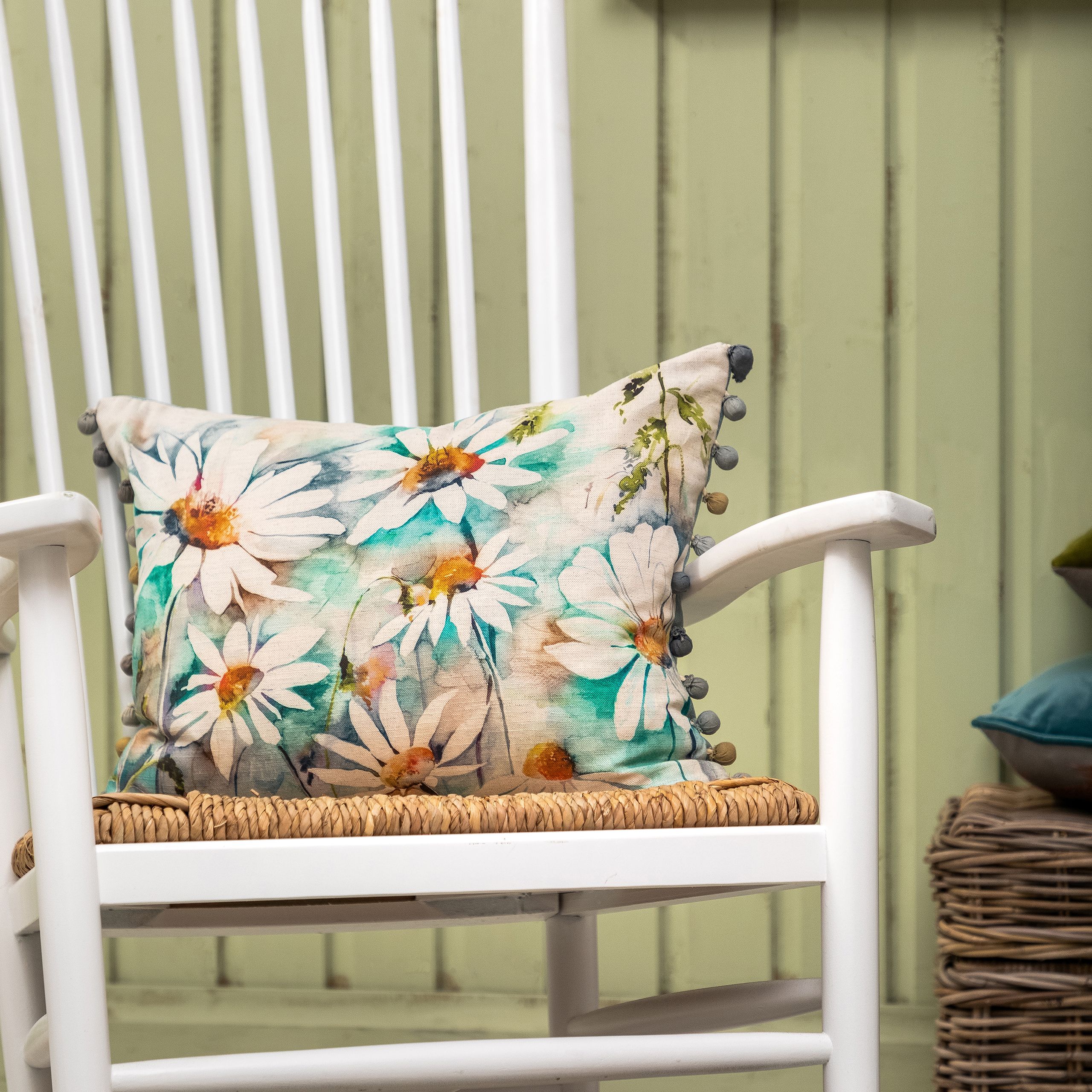 Voyage Maison Prairie Floral Pom-Pom Cushion in Blue