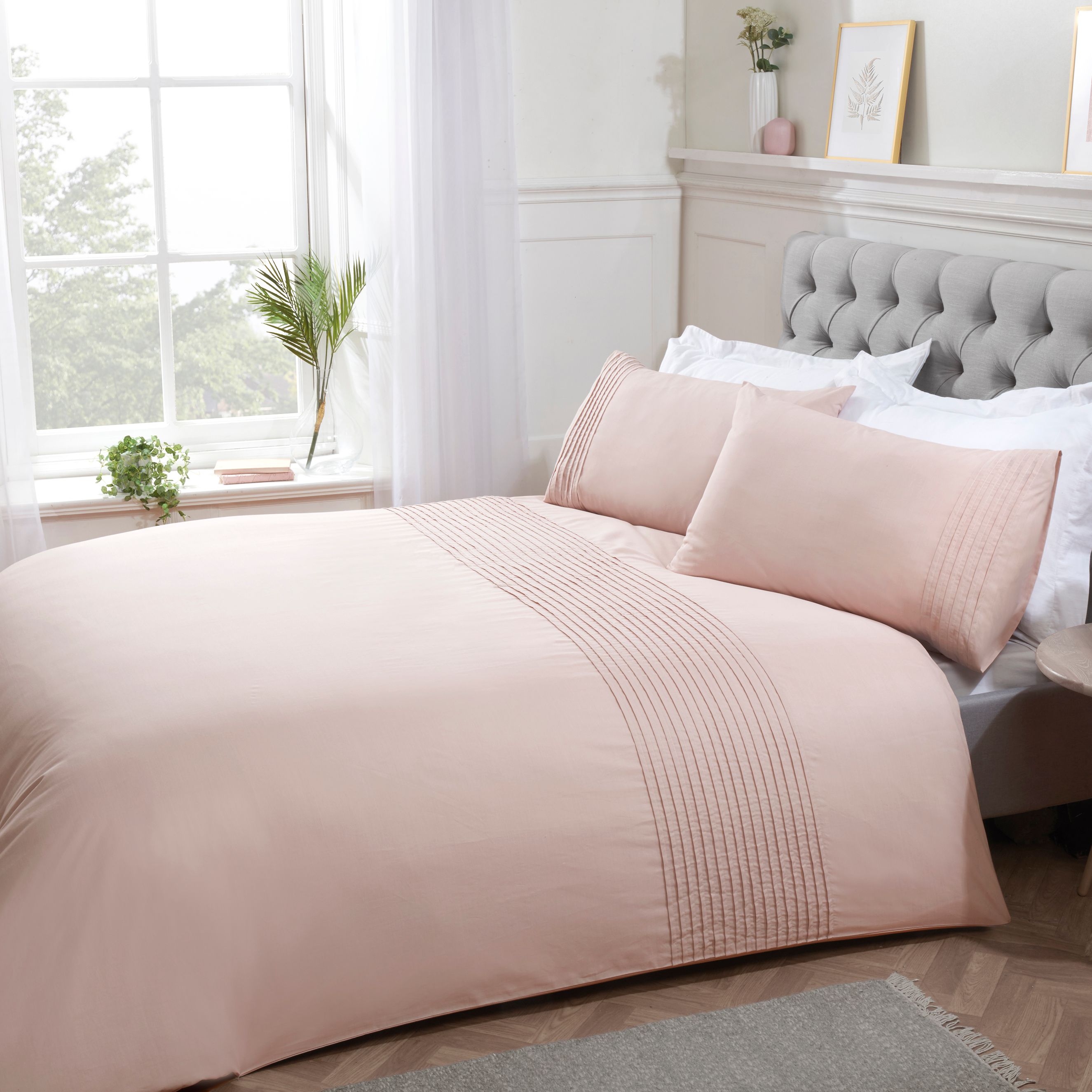 Smart Living Luxury Pintuck Pleated Striped Panel Duvet Cover With Pillowcases in Light Pink